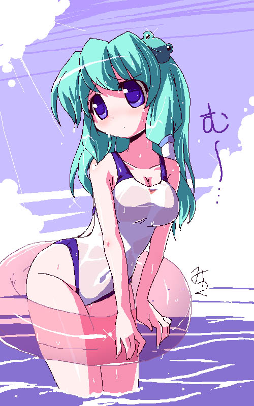 miuku (marine sapphire), kochiya sanae, touhou, 1girl, cloud, day, female focus, green hair, innertube, one-piece swimsuit, sky, solo, swim ring, swimsuit, water, wet