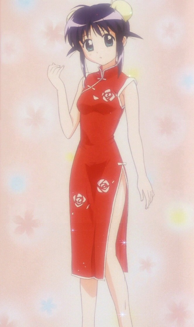 andou mahoro, mahoromatic, anime screenshot, stitched, third-party edit, 1girl, bishie sparkle, bun cover, china dress, chinese clothes, dot nose, double bun, dress, female focus, hair bun, looking at viewer, open mouth, side slit, solo, sparkle, standing
