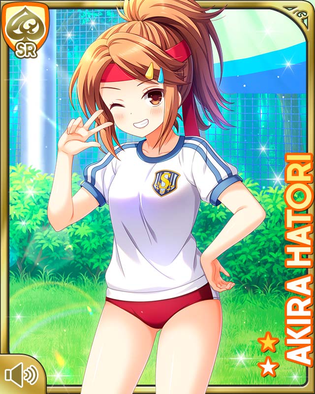 qp:flapper, hatori akira, girlfriend (kari), official art, tagme, 1girl, brown eyes, brown hair, buruma, card (medium), character name, clenched teeth, closed mouth, day, grin, hair ornament, hairclip, one eye closed, outdoors, ponytail, red buruma, shirt, smile, solo, sportswear, standing, teeth, v, white shirt