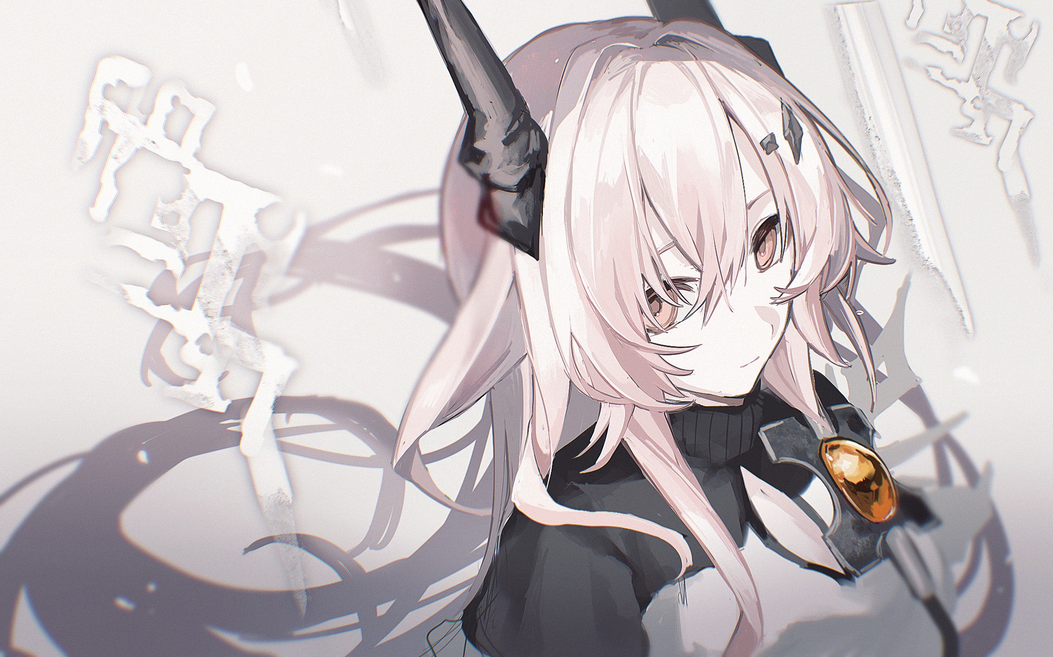 mochi194745, theresa (arknights), arknights, commentary, highres, 1girl, black horns, chromatic aberration, closed mouth, floating hair, grey background, grey hair, hair between eyes, horns, light smile, long hair, looking at viewer, magic, one-hour drawing challenge, pink eyes, pink hair, portrait, solo, turtleneck