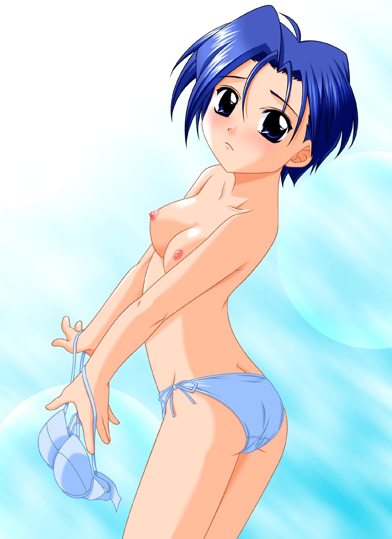 sakura miyuki, mahoromatic, 1girl, blue eyes, blue hair, blush, bra, breasts, female focus, lingerie, matching hair/eyes, panties, short hair, solo, topless female, underwear, underwear only, undressing