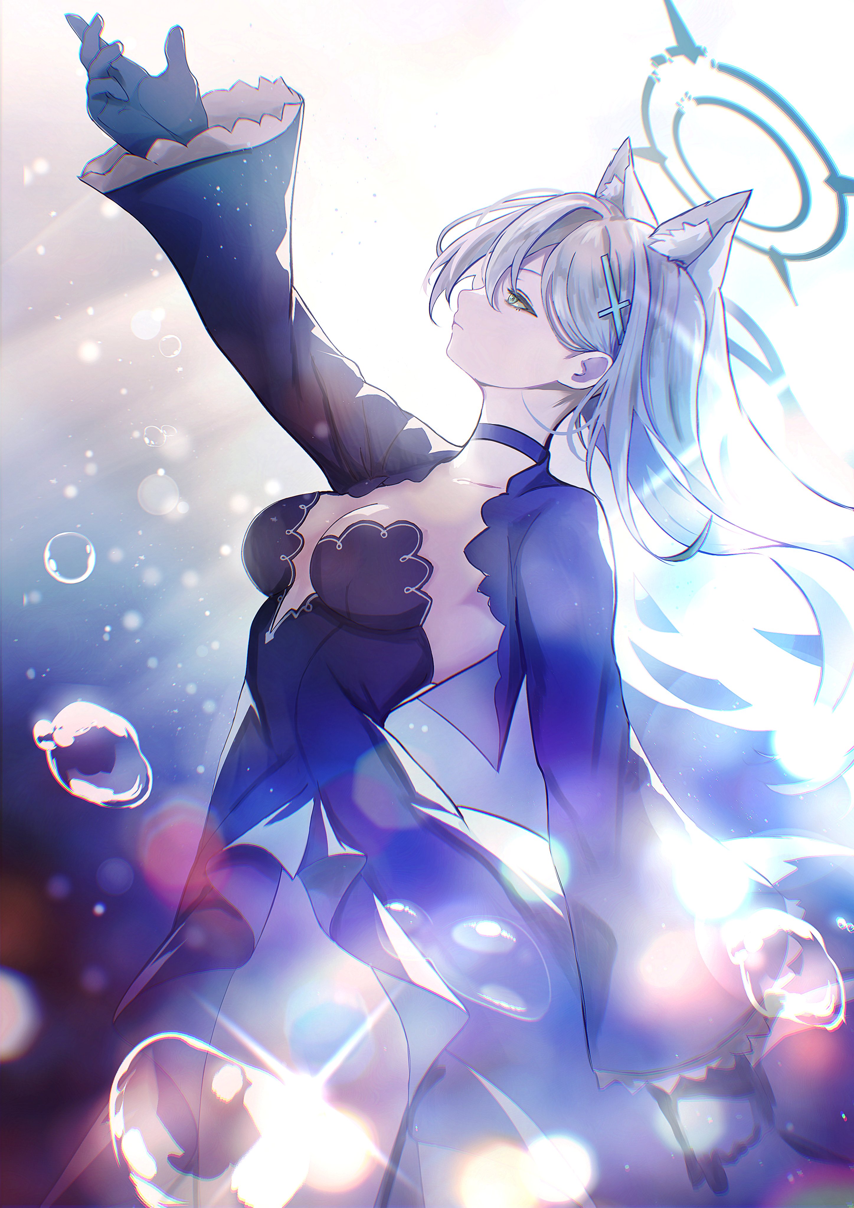 himmel gewalt, shiroko terror (blue archive), blue archive, absurdres, commentary, highres, 1girl, animal ears, arm up, backlighting, black choker, black dress, black halo, blue eyes, breasts, broken halo, choker, cleavage, clenched hand, closed mouth, cowboy shot, cross hair ornament, dress, expressionless, extra ears, floating hair, frilled sleeves, frills, from side, glint, grey hair, hair behind ear, hair between eyes, hair ornament, halo, large breasts, leaning back, long hair, long sleeves, looking up, nose, profile, solo, tsurime, water drop, wide sleeves, wolf ears, wolf girl