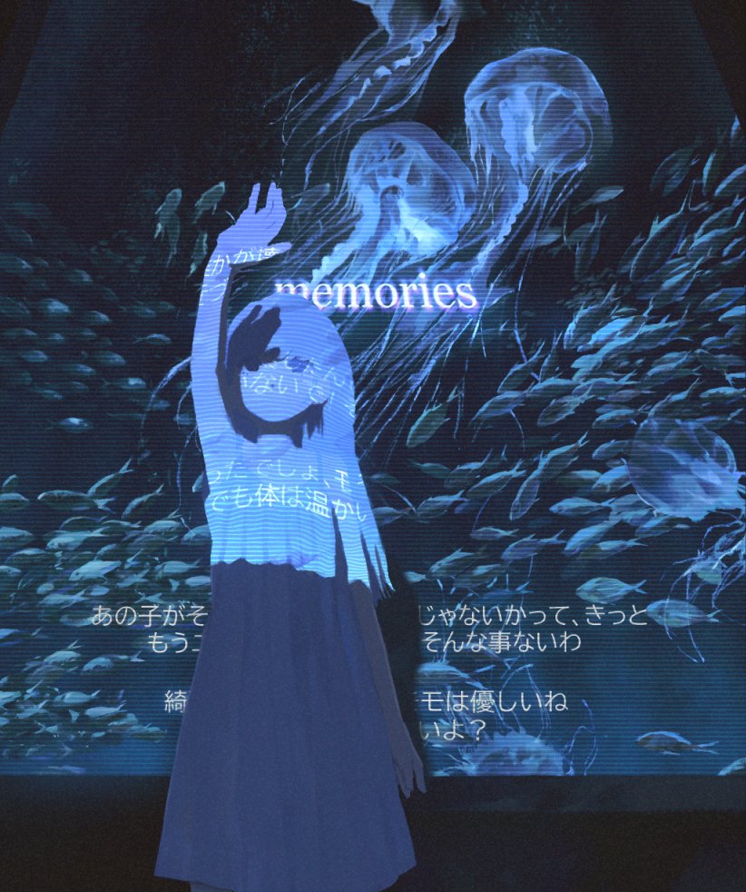 utwob0, original, 1girl, aquarium, arm up, blue theme, dress, english text, feet out of frame, fish, hand up, jellyfish, long hair, long skirt, looking at viewer, projector screen, shirt, shirt tucked in, skirt, solo, standing