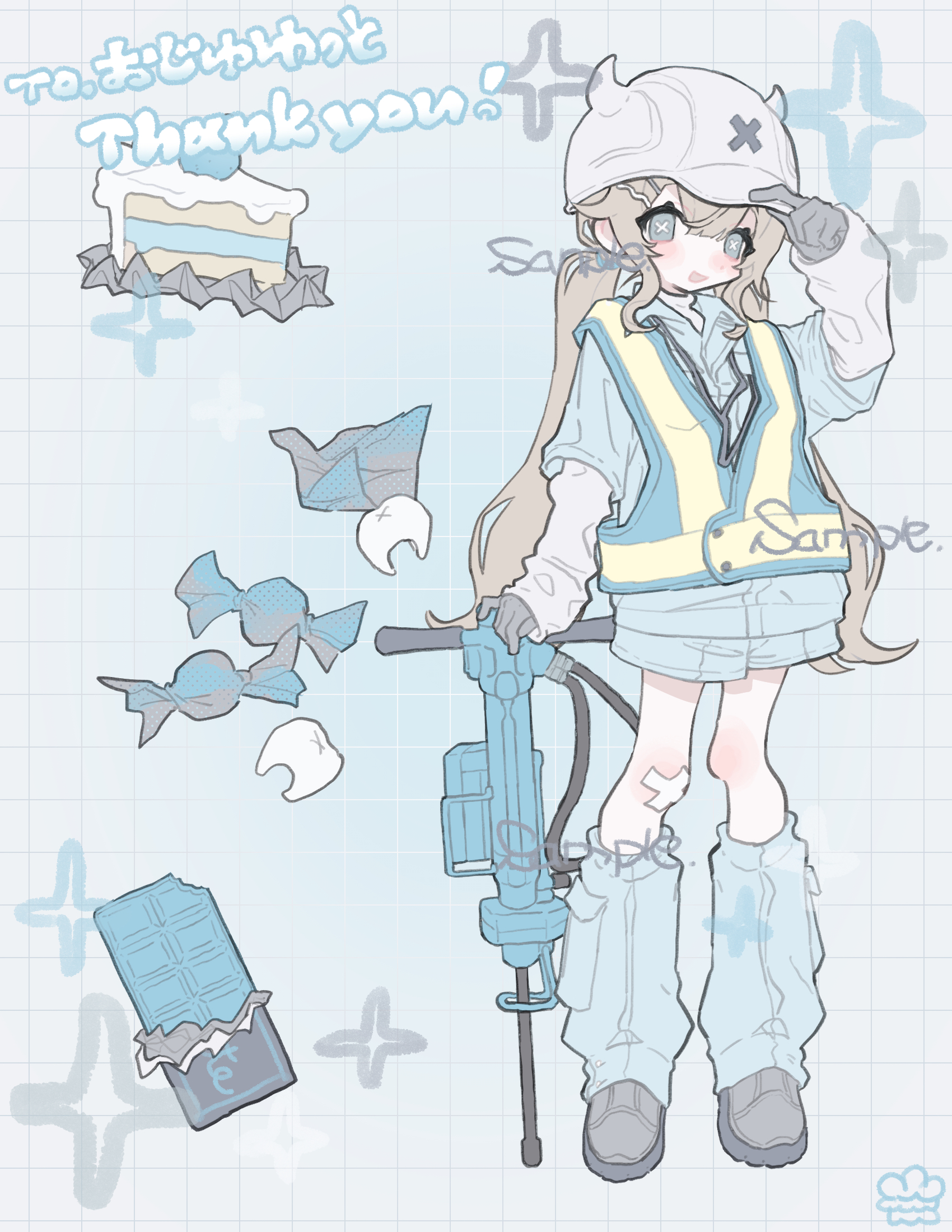 am314, original, commission, highres, skeb commission, 1girl, bandaid, bandaid on knee, bandaid on leg, cake, cake slice, candy, chocolate, chocolate bar, fake horns, food, full body, gloves, grid background, hand up, helmet, high-visibility clothing, high-visibility vest, horned helmet, horns, jackhammer, layered sleeves, leg warmers, long hair, long sleeves, looking at viewer, sample watermark, short over long sleeves, short sleeves, solo, standing, twintails, watermark, white helmet