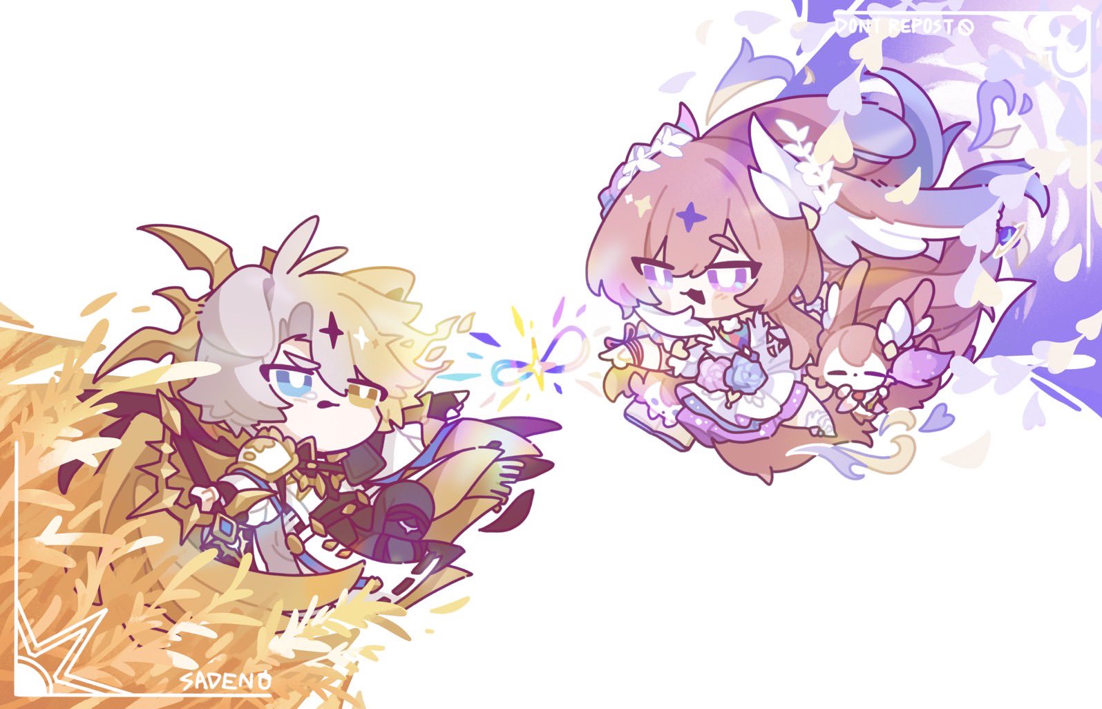 saden meow, cyrene (honkai: star rail), cyrene (ripples of past reverie) (honkai: star rail), mem (honkai: star rail), phainon (honkai: star rail), phainon (khaslana) (honkai: star rail), honkai: star rail, honkai (series), the creation of adam, 1boy, 1girl, ahoge, amphoreus (honkai: star rail), artist name, black pants, blonde hair, blue eyes, coat, dress, falling petals, fine art parody, halo, hetero, holding, holding sword, holding weapon, mobius strip, multicolored hair, pants, parody, petals, purple eyes, simple background, sword, two-tone hair, weapon, wheat, white background, white coat, white dress, white hair, yellow eyes
