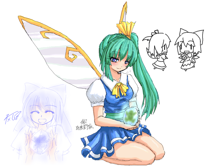 enoko (zqfebi), milksea, cirno, daiyousei, embodiment of scarlet devil, touhou, 2girls, aged up, dress, female focus, frog, green hair, ice, multiple girls, partially colored, school uniform, serafuku, side ponytail, white background, wings