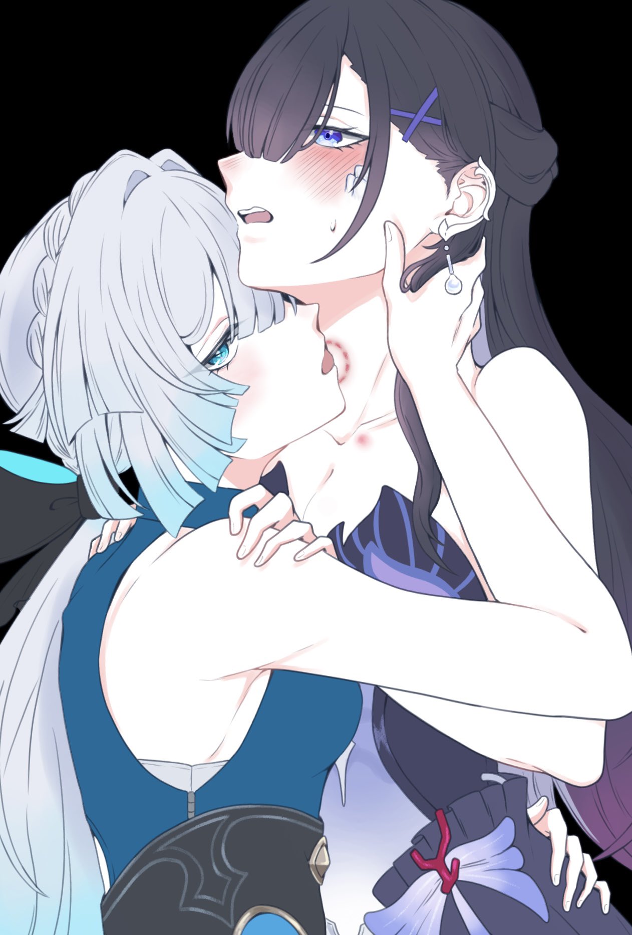 kosame 0229, cerydra (honkai: star rail), hysilens (honkai: star rail), honkai: star rail, honkai (series), highres, 2girls, bite mark, bite mark on neck, black hair, blue eyes, blue hair, blush, breasts, cleavage, collarbone, earrings, hands on another's shoulders, hickey, jewelry, long hair, looking at viewer, multiple girls, scales, very long hair, yuri