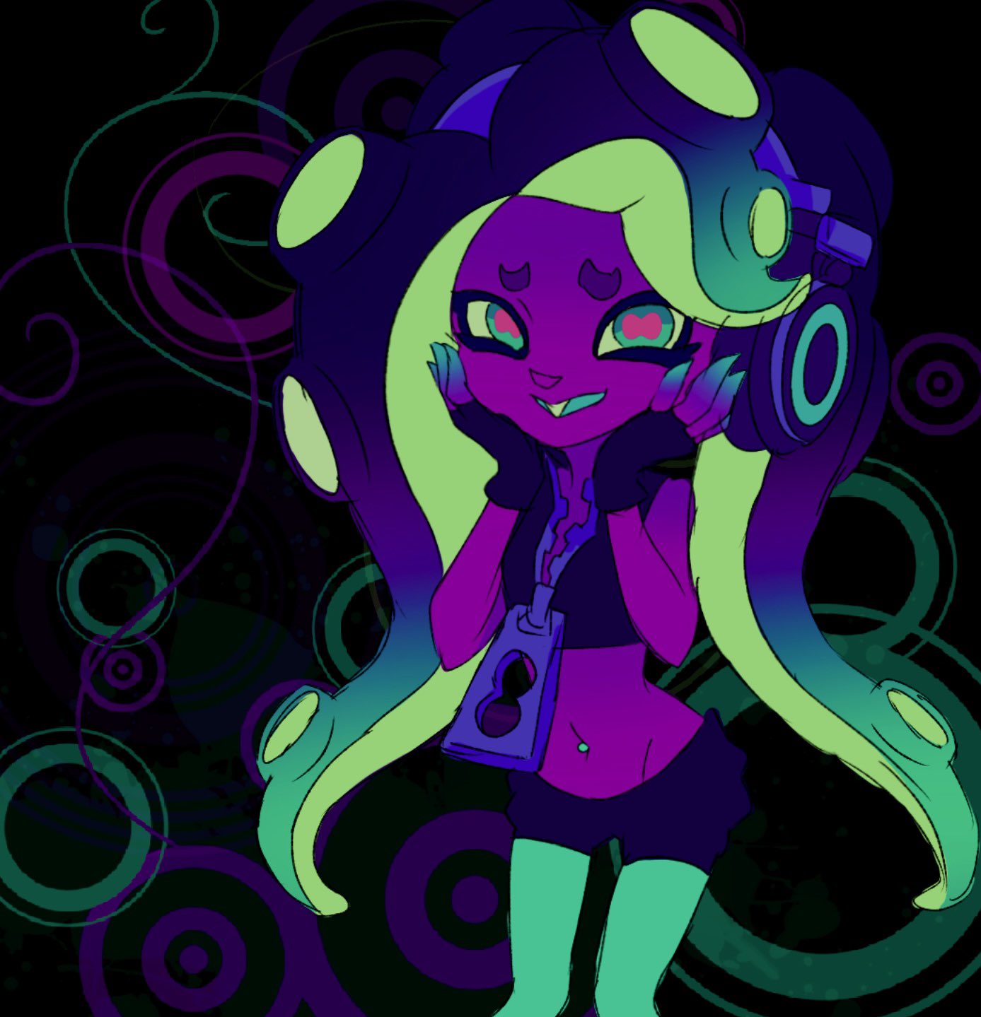 marina (off the hook outfit) (splatoon), marina (splatoon), nintendo, splatoon (series), splatoon 2, highres, 1girl, aqua eyes, black background, black gloves, black shorts, brown hair, cephalopod eyes, circle, colored inner hair, crop top, fingerless gloves, gloves, gradient hair, green pantyhose, hands on own cheeks, hands on own face, headphones, long hair, looking at viewer, lower body, midriff, multicolored hair, navel piercing, octoling, open mouth, pantyhose, piercing, pointy ears, short eyebrows, shorts, simple background, sleeveless, smile, solo, swept bangs, tentacle hair, thick eyebrows, wamairii, zipper, zipper pull tab