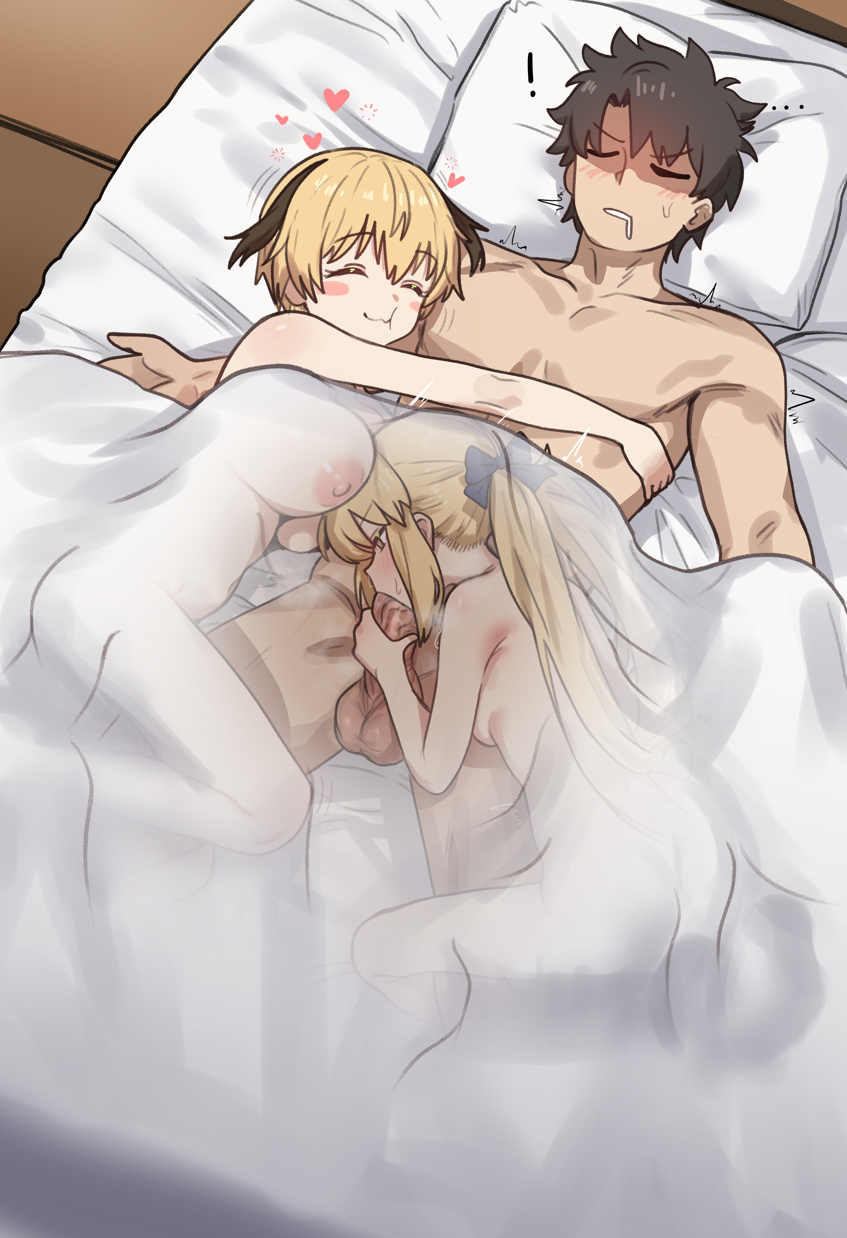 ebora, artoria caster (fate), artoria pendragon (fate), fujimaru ritsuka (male), gareth (fate), fate/grand order, fate (series), absurdres, bad link, highres, !, 1boy, 2girls, alternate breast size (larger), ass, black hair, blonde hair, breasts, exhausted, fellatio, green eyes, hair flaps, hetero, hug, large breasts, long hair, multiple girls, nipples, nude, on bed, oral, penis, pussy juice, see-through clothes, short hair, small breasts, smile, testicles, twintails, uncensored, under covers