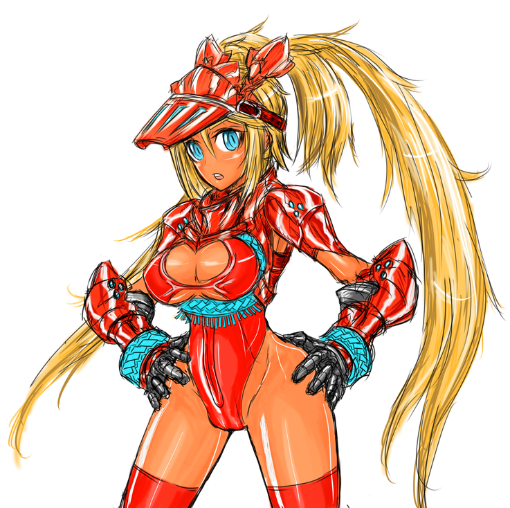 tagane, capcom, monster hunter (series), bad id, bad pixiv id, 1girl, blonde hair, blue eyes, breasts, female focus, gloves, hermitaur (armor), large breasts, solo, thighhighs, twintails