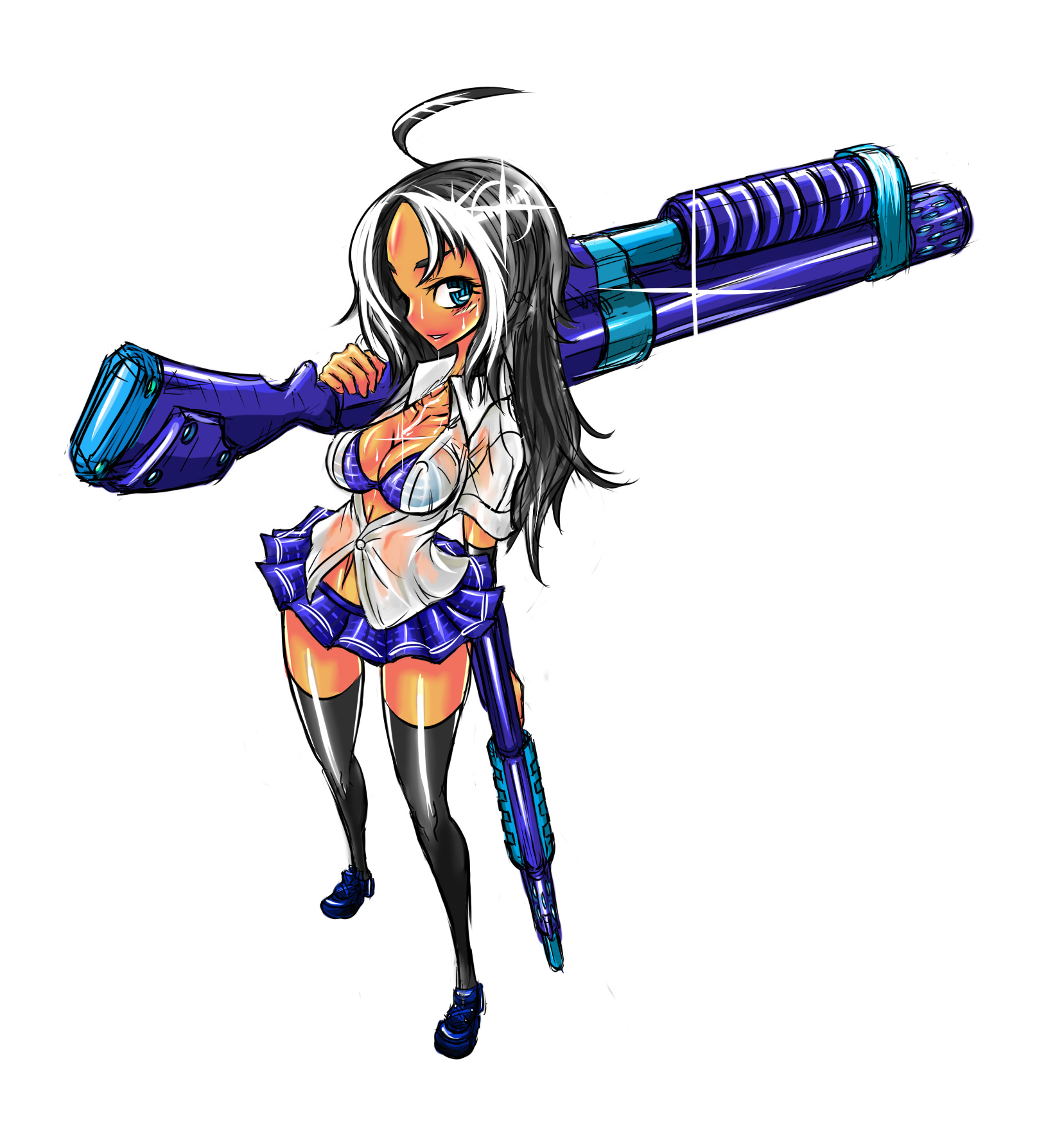 tagane, original, highres, 1girl, ahoge, black hair, blue eyes, breasts, cleavage, female focus, gun, impossible clothes, impossible shirt, open clothes, open shirt, school uniform, serafuku, shirt, solo, thighhighs, weapon, zettai ryouiki