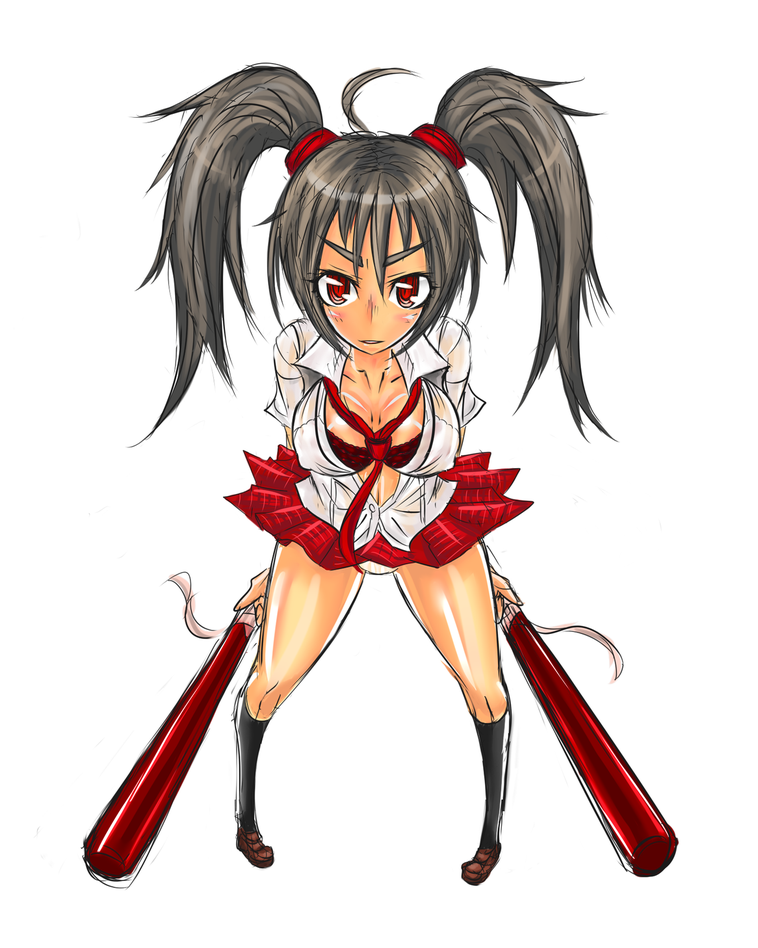 tagane, 1girl, baseball bat, black hair, breasts, cleavage, female focus, kneehighs, large breasts, necktie, open clothes, open shirt, panties, red eyes, school uniform, serafuku, shirt, socks, solo, twintails, underwear
