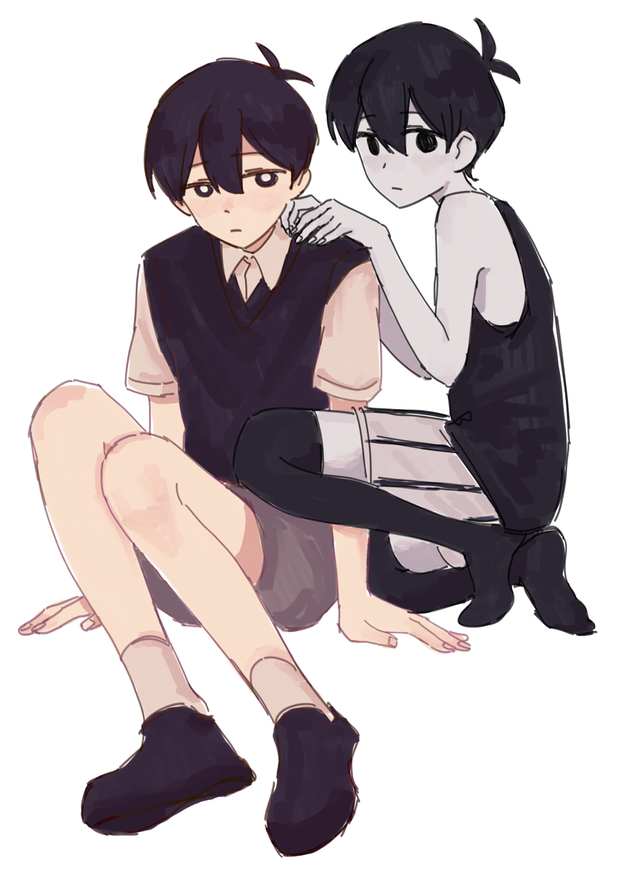 omori (omori), sunny (omori), omori, absurdres, highres, 2boys, antenna hair, arm support, black eyes, black hair, black shoes, black sweater vest, black tank top, black thighhighs, bright pupils, brown shorts, chiaki143, closed mouth, collared shirt, colored skin, double-parted bangs, dual persona, hair between eyes, loafers, male focus, multiple boys, shirt, shoes, short hair, short sleeves, shorts, simple background, sitting, socks, striped clothes, striped shorts, sweater vest, tank top, thighhighs, vertical-striped clothes, vertical-striped shorts, white background, white pupils, white shirt, white shorts, white skin, white socks