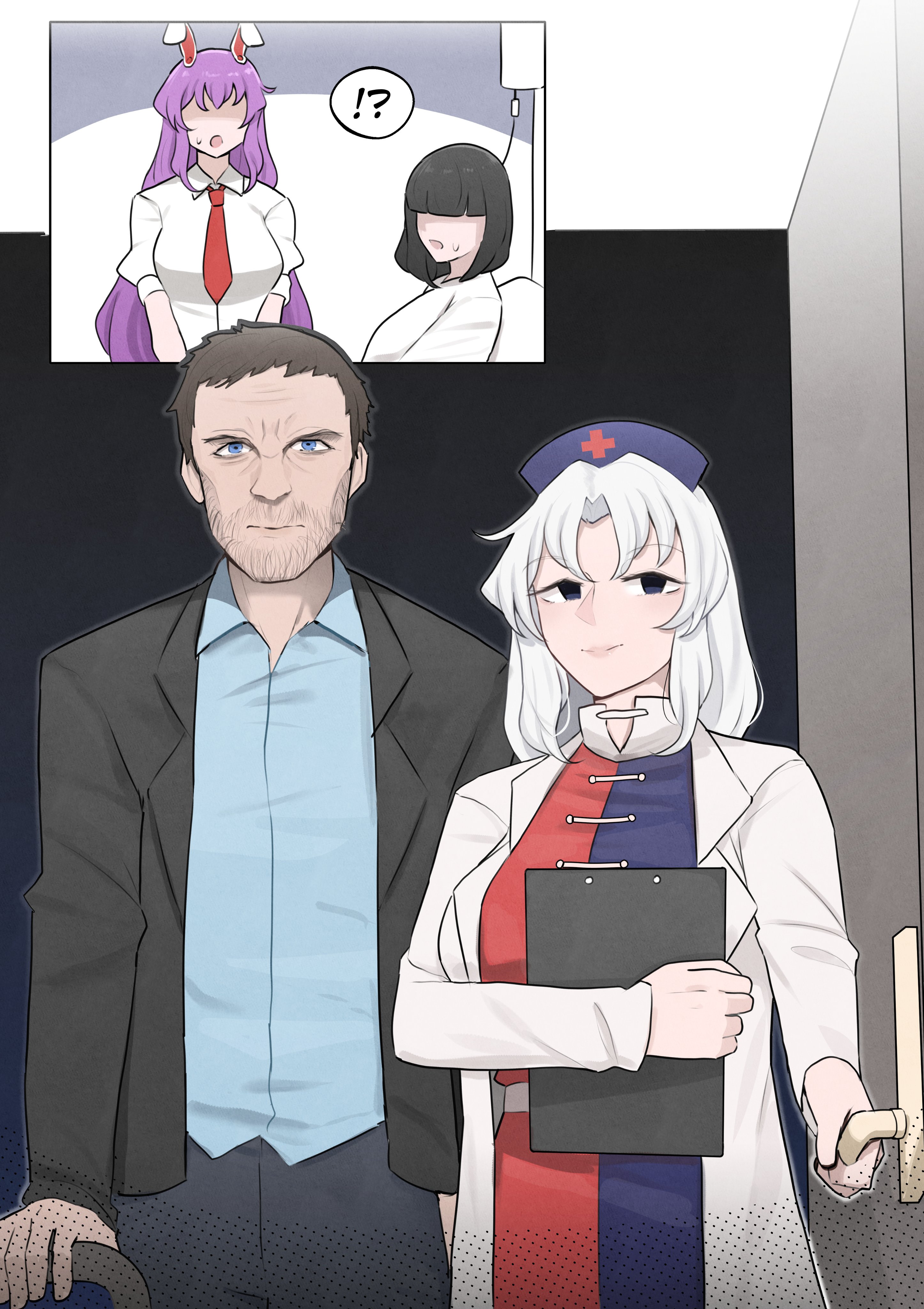 mata (matasoup), gregory house, reisen udongein inaba, yagokoro eirin, house m.d., touhou, absurdres, commentary, english commentary, highres, !?, 1boy, 3girls, :o, beard stubble, black hair, black jacket, black pants, blazer, blue dress, blue eyes, blue hat, blue shirt, blunt bangs, clipboard, coat, dress, facial hair, hat, holding, holding clipboard, intravenous drip, jacket, lab coat, long sleeves, multiple girls, mustache stubble, necktie, nurse cap, opening door, pants, parted bangs, puffy short sleeves, puffy sleeves, purple hair, red dress, red necktie, shirt, short hair, short sleeves, stubble, white coat, white hair, white shirt