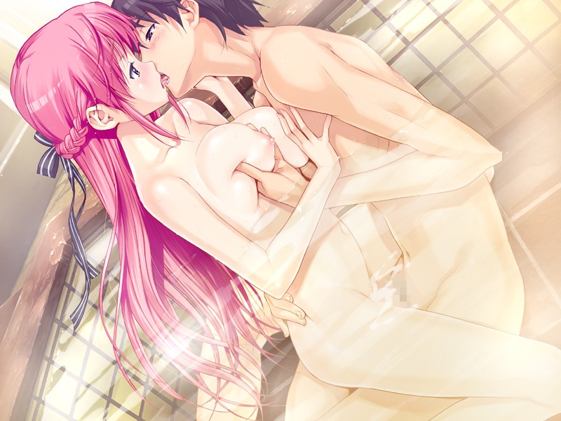 happoubi jin, orifushi akina, shiki haruomi, kanojo x kanojo x kanojo, game cg, 1boy, 1girl, bath, blue eyes, braid, breasts, censored, completely nude, couple, cum, dutch angle, girl on top, grabbing another's breast, groping, half updo, hetero, kiss, large breasts, long hair, mixed-sex bathing, mosaic censoring, nipples, nude, pink hair, ribbon, sex, shared bathing, straddling, upright straddle, vaginal
