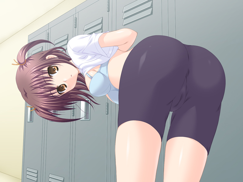 katagiri chisato, original, 1girl, ass, bent over, bike shorts, bra, brown hair, cameltoe, female focus, latex, lingerie, locker, locker room, solo, twintails, underwear, undressing, yellow eyes