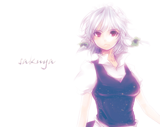 shinosuke (artist), izayoi sakuya, touhou, silver hair, bad id, bad pixiv id, 1girl, braid, breasts, dress, female focus, hair ribbon, maid, red eyes, ribbon, solo, twin braids, white background