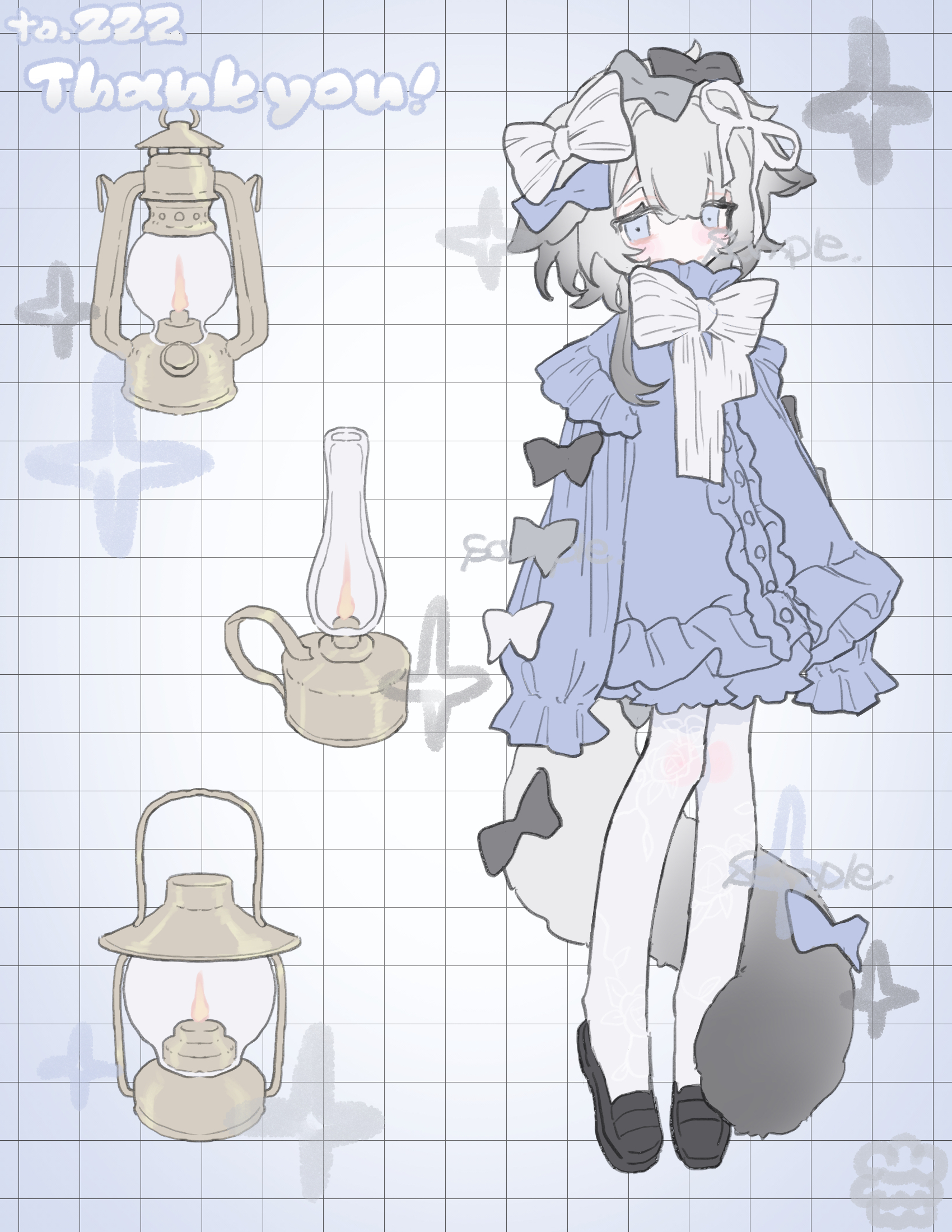 am314, original, commission, highres, skeb commission, 1girl, black shoes, blue shirt, bow, bowtie, frilled shirt, frills, full body, grey hair, grid background, hair bow, kerosene lamp, looking at viewer, pantyhose, shirt, shoes, sleeve bow, sleeves past fingers, sleeves past wrists, solo, standing, tail, white bow, white bowtie, white pantyhose