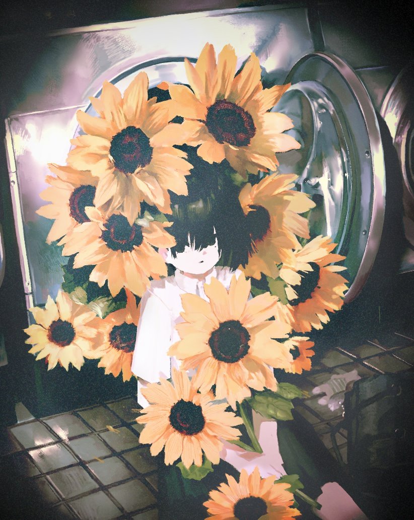 utwob0, original, 1girl, bag, black bag, black hair, black skirt, collared shirt, facing viewer, flower, hair over eyes, holding, holding flower, on floor, shirt, short hair, short sleeves, sitting, skirt, solo, sunflower, tiles, washing machine, white shirt, yellow flower