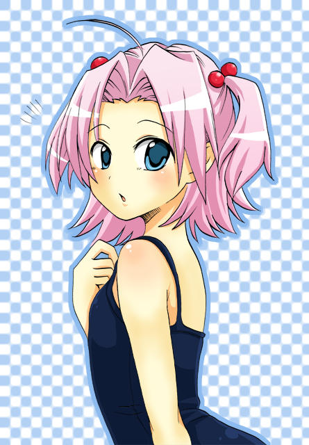pochi (pochi-goya), 1girl, ^^^, ahoge, blue eyes, female focus, hair bobbles, hair ornament, one-piece swimsuit, pink hair, school swimsuit, solo, swimsuit, two side up, upper body