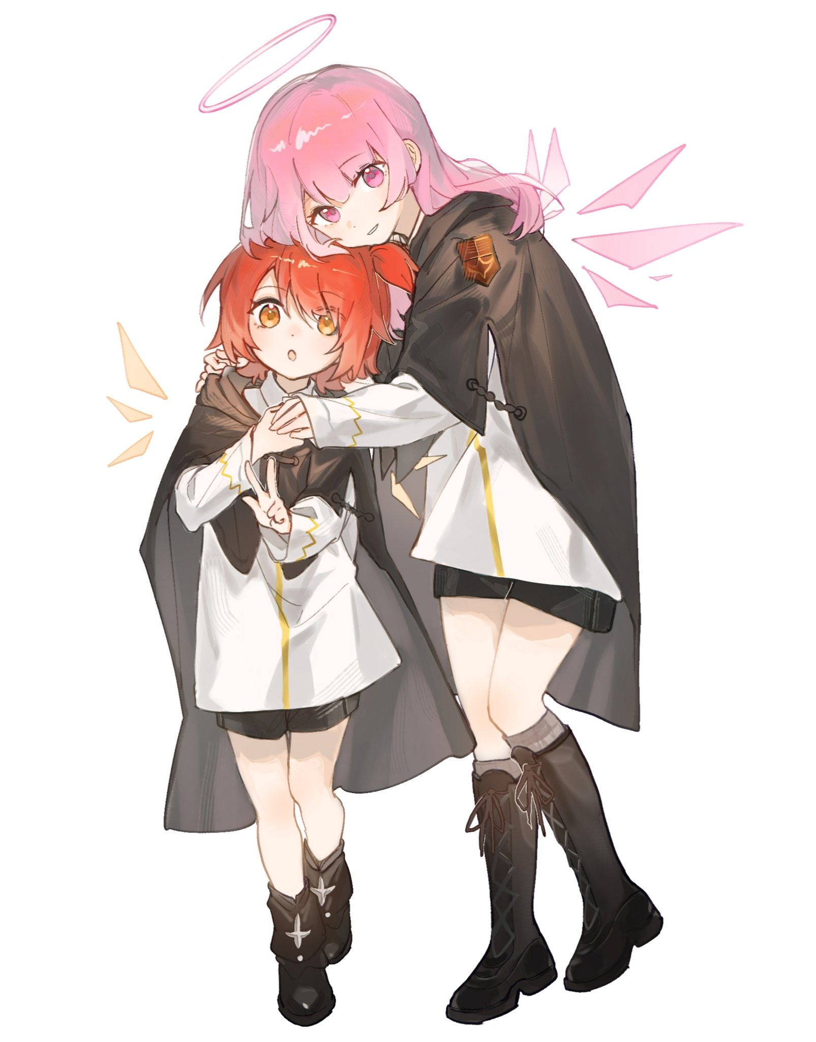 maplebyebye, exusiai (arknights), exusiai (young) (arknights), lemuen (arknights), arknights, chinese commentary, commentary request, highres, 2girls, :o, ankle boots, black boots, boots, brown cloak, cloak, detached wings, full body, grey socks, halo, hand on another's hand, hand on another's shoulder, heads together, hood, hood down, hooded cloak, knee boots, kneehighs, long sleeves, looking at viewer, medium hair, multiple girls, one side up, open mouth, pink eyes, pink hair, pink halo, red hair, shirt, short hair, simple background, smile, socks, standing, w, white background, white shirt, wings, yellow eyes, yellow halo