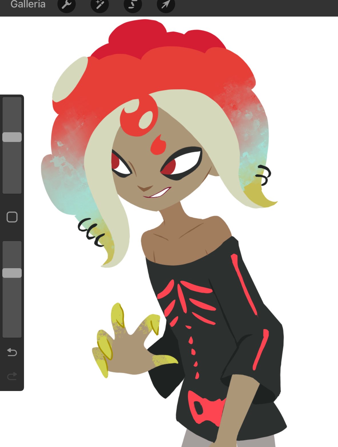 mashup (splatoon), nintendo, splatoon (series), highres, procreate (medium), 1boy, art program in frame, baggy clothes, bare shoulders, claw pose, colored fingertips, gradient hair, grin, looking to the side, lower body, multicolored hair, octoling, off-shoulder shirt, off shoulder, pants, procreate (software), red eyes, red hair, shirt, short eyebrows, skeleton print, smile, solo, suction cups, tentacle hair, tentacle piercing, thick eyebrows, wamairii, white background