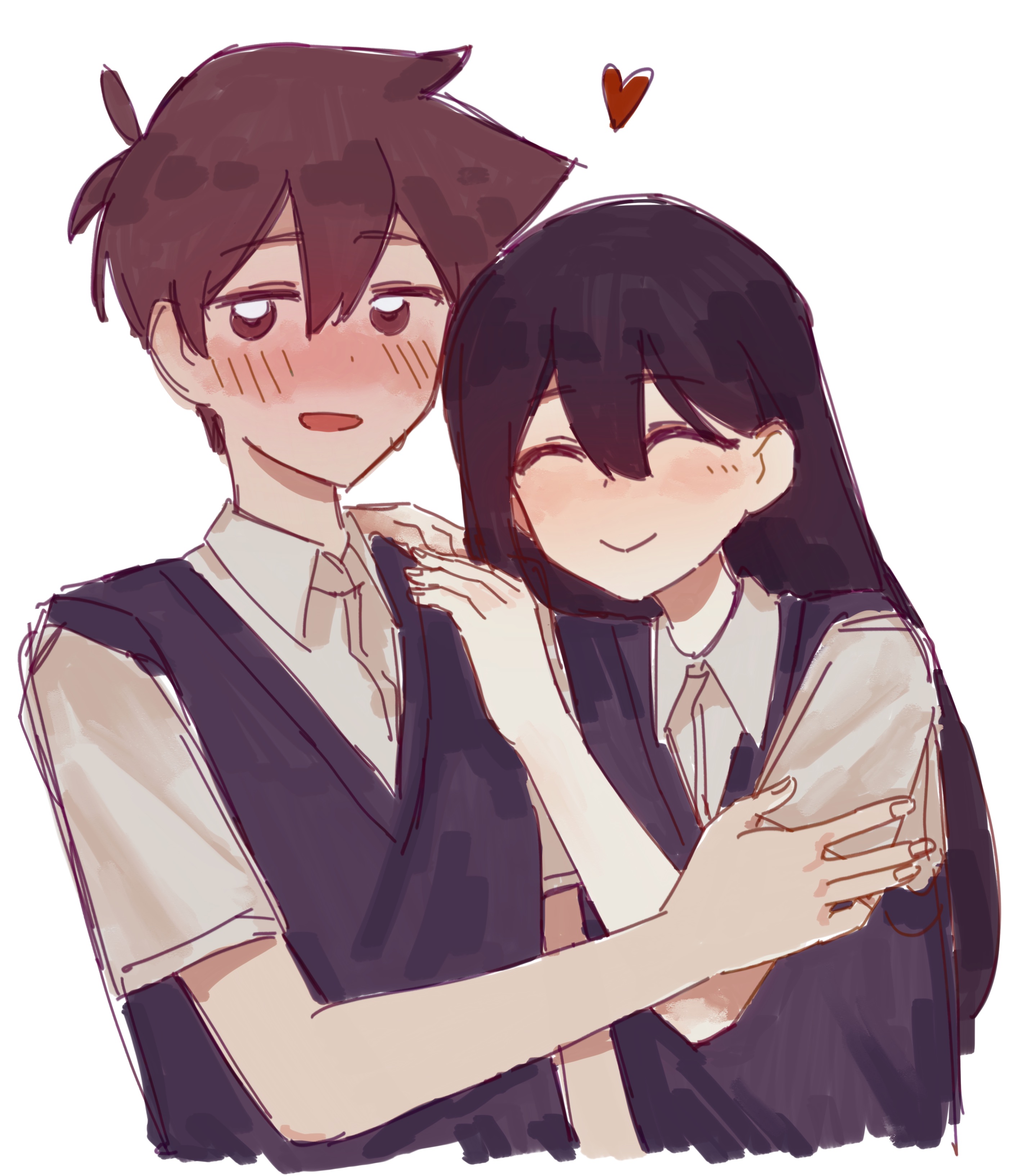hero (faraway) (omori), hero (omori), mari (faraway) (omori), mari (omori), omori, absurdres, highres, 1boy, 1girl, alternate costume, alternate eye color, antenna hair, black hair, black sweater vest, blush, brown eyes, brown hair, chiaki143, closed eyes, closed mouth, collared shirt, double-parted bangs, heart, looking at viewer, open mouth, shirt, short hair, short sleeves, simple background, sweatdrop, sweater vest, white background, white shirt