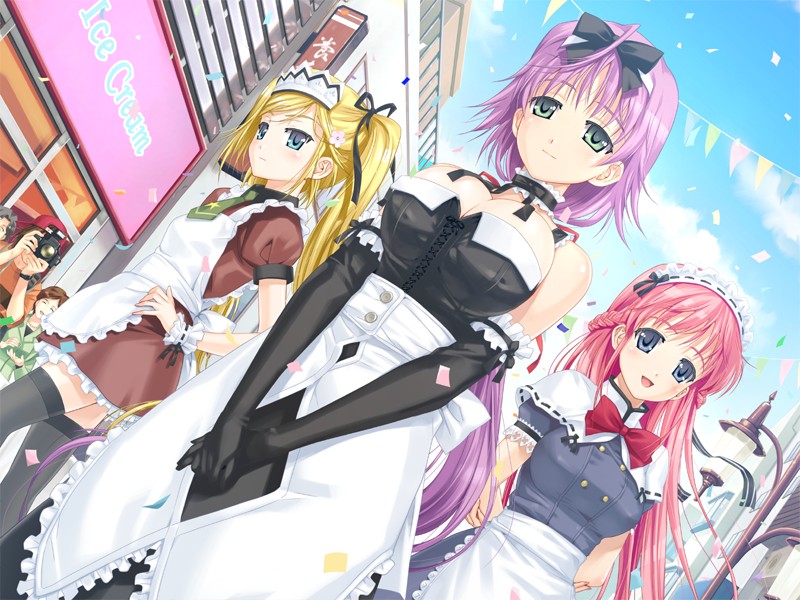 happoubi jin, orifushi akina, orifushi mafuyu, orifushi natsumi, kanojo x kanojo x kanojo, game cg, 3girls, apron, blonde hair, bow, breasts, bustier, cleavage, covered erect nipples, dutch angle, elbow gloves, gloves, large breasts, lingerie, long hair, maid, maid apron, multiple girls, parade, pink hair, purple hair, ribbon, siblings, sisters, thighhighs, underwear, v arms