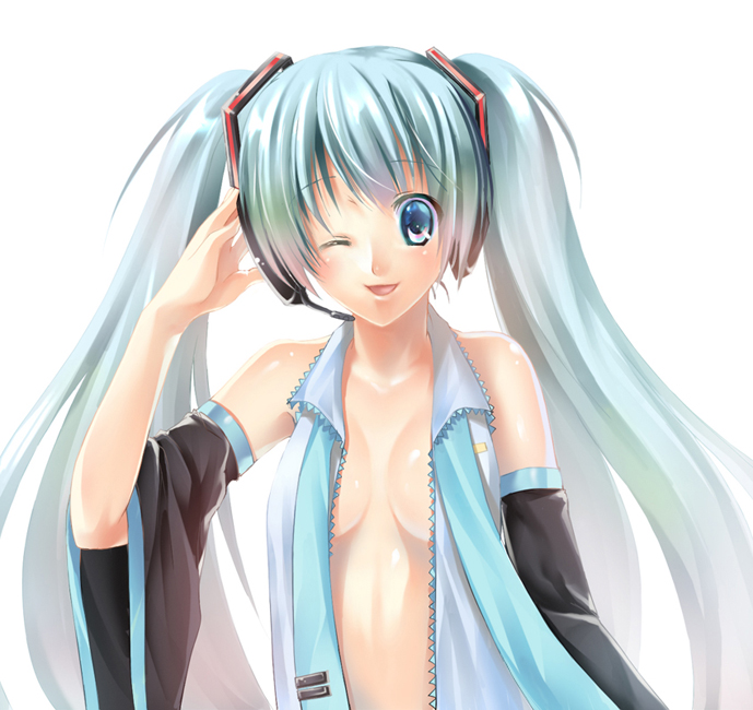 futaori arisa, hatsune miku, vocaloid, bad id, bad pixiv id, 1girl, aqua hair, bare shoulders, detached sleeves, female focus, one eye closed, open clothes, open shirt, shirt, solo, twintails, wink