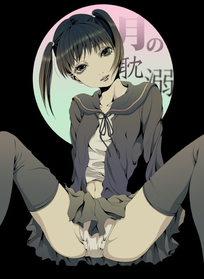 yoshii, copyright request, 1girl, black background, female focus, hanawi, menstrual pad, navel, panties, school uniform, serafuku, sitting, skirt, solo, spread legs, thighhighs, twintails, underwear
