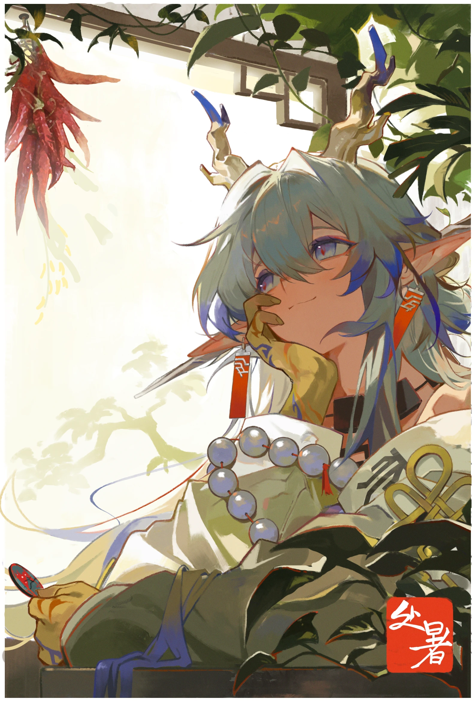 siguma (13238772100), shu (arknights), arknights, chinese commentary, commentary request, highres, 1girl, artist logo, beads, blonde hair, chili pepper, closed mouth, dragon girl, dragon horns, earrings, food, grey eyes, grey hair, hair between eyes, hair intakes, hand on own cheek, hand on own face, head rest, holding, horns, jacket, jewelry, leaf, logo, long hair, long sleeves, looking up, multicolored eyes, multicolored hair, necklace, pointy ears, purple eyes, purple hair, smile, solo, two-tone eyes, upper body, white jacket
