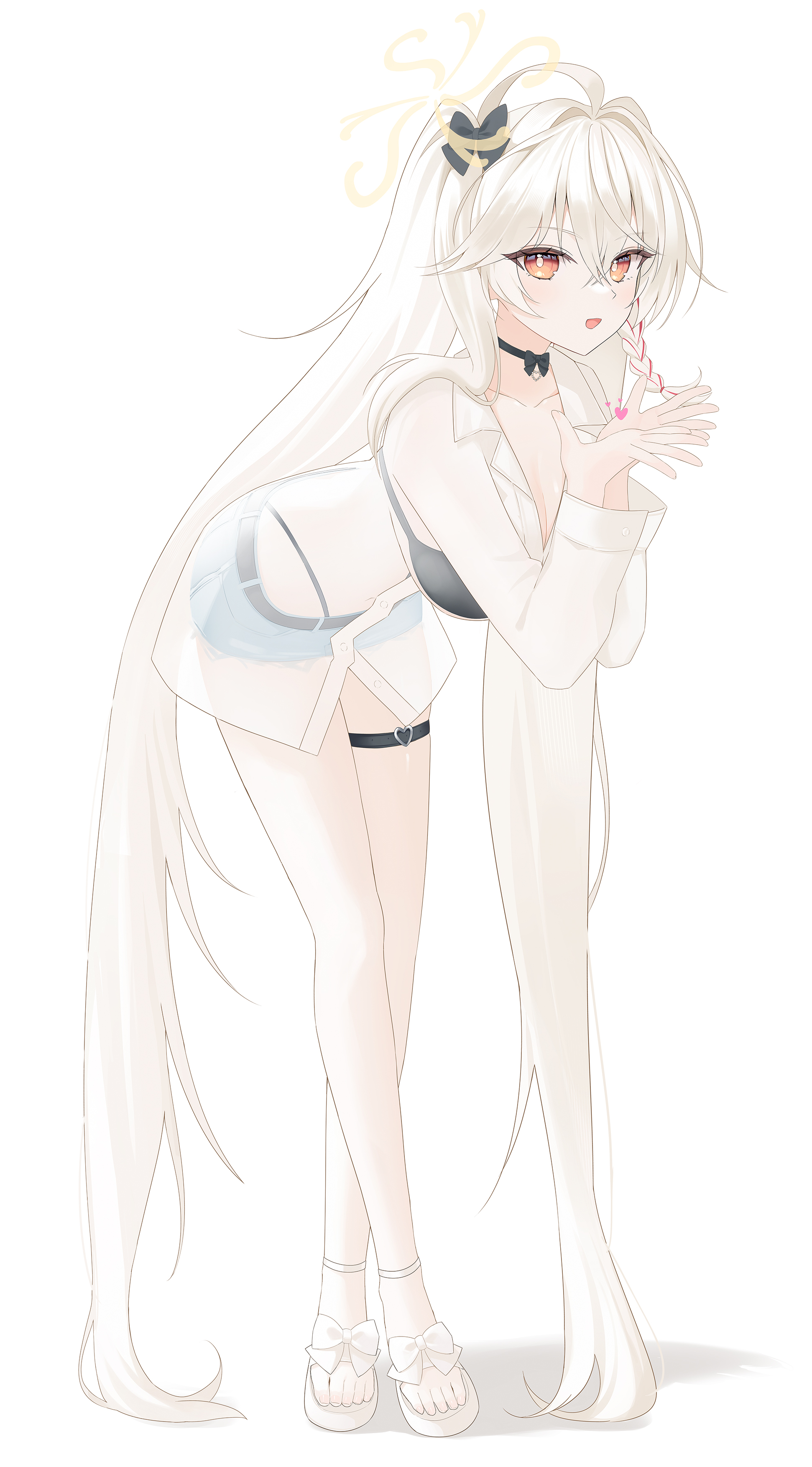 yagen (user mxur3238), eri (blue archive), blue archive, absurdres, commentary, highres, symbol-only commentary, 1girl, :d, ahoge, belt, black bra, bra, braid, breasts, choker, denim, denim shorts, dress shirt, full body, hair between eyes, hair ribbon, halo, heart, large breasts, leaning forward, long hair, looking at viewer, no headwear, open mouth, ribbon, ribbon choker, sandals, see-through clothes, see-through shirt, shirt, shorts, single braid, slides, smile, solo, thigh belt, thigh strap, underwear, very long hair, white hair, white shirt, yellow eyes