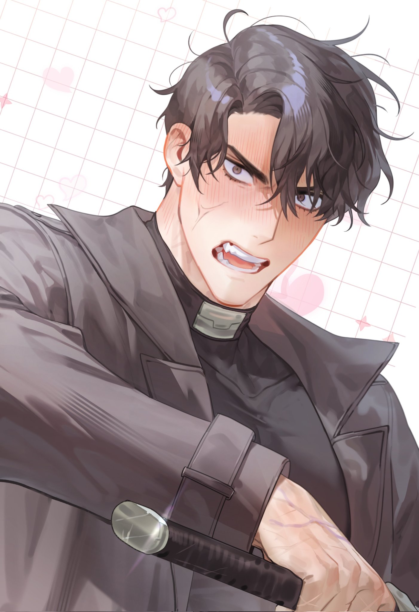 bab du 666, yoo joonghyuk, omniscient reader's viewpoint, highres, 1boy, angry, bags under eyes, black coat, black eyes, black hair, black shirt, coat, crew neck, curtained hair, glint, grid background, holding, holding sword, holding weapon, looking at viewer, male focus, open mouth, popped collar, shirt, short hair, solo, sword, weapon, wide-eyed