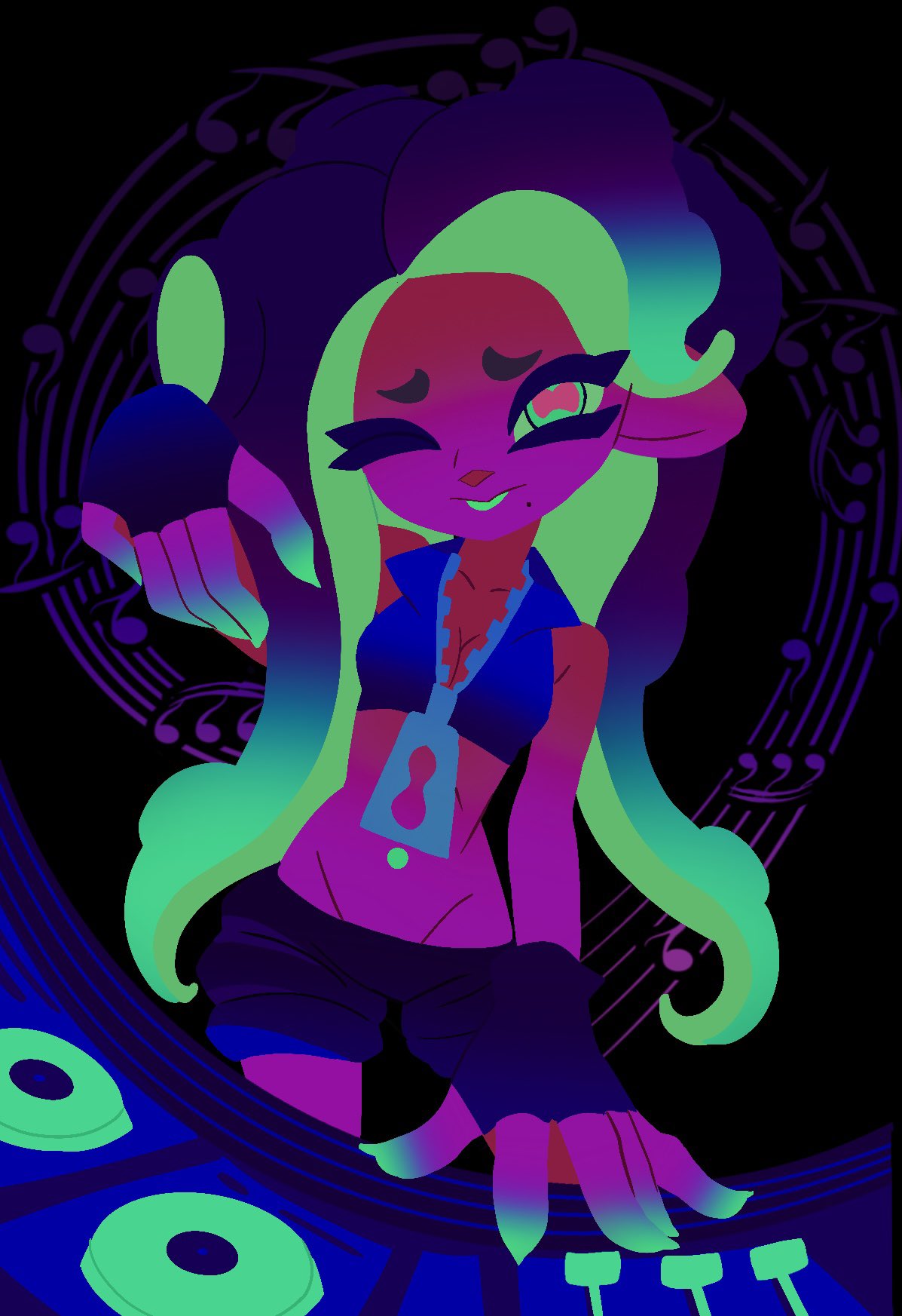 marina (off the hook outfit) (splatoon), marina (splatoon), nintendo, splatoon (series), splatoon 2, highres, 1girl, ;), ;p, arm up, bare shoulders, black background, black gloves, black shorts, brown hair, cephalopod eyes, colored fingertips, colored tongue, crop top, dj, fingerless gloves, gloves, gradient hair, green eyes, long hair, looking at viewer, lower body, midriff, mole, mole under mouth, multicolored hair, musical note, navel piercing, octoling, one eye closed, phonograph, piercing, pointy ears, short eyebrows, shorts, simple background, sleeveless, smile, solo, suction cups, tentacle hair, thick eyebrows, tongue, tongue out, turntable, wamairii, zipper, zipper pull tab