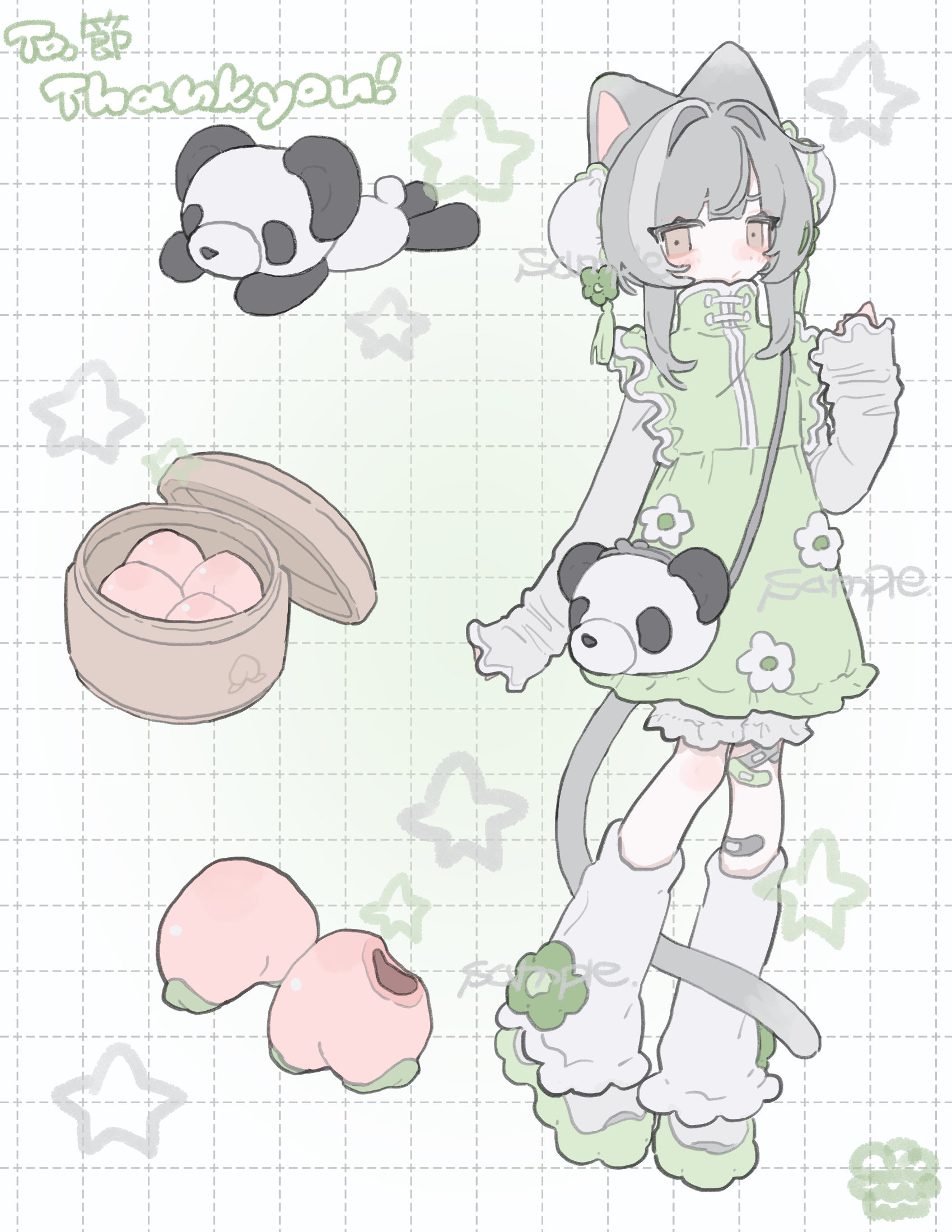 am314, original, commission, highres, skeb commission, 1girl, animal ears, bag, bandaid, bandaid on leg, cat ears, cat girl, cat tail, dress, food, full body, green dress, grey hair, hand up, handbag, leg warmers, long sleeves, looking at viewer, panda, panda bag, sleeves past wrists, solo, standing, steamed bun, tail, white leg warmers