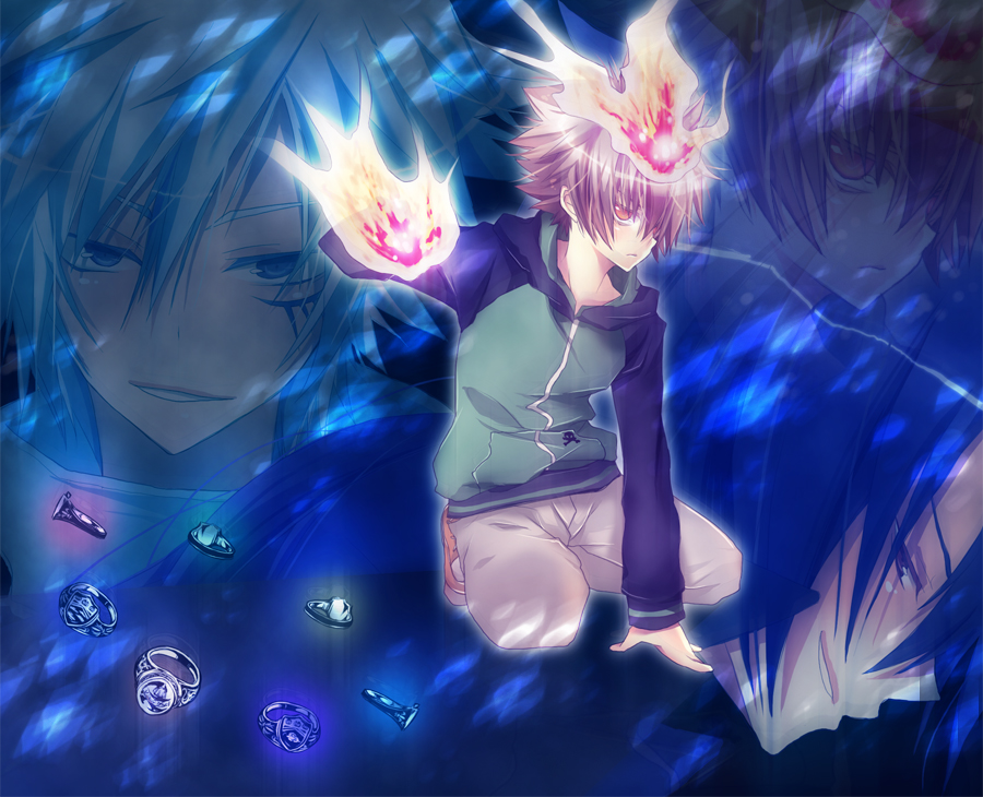 byakuran, rokudou mukuro, sawada tsunayoshi, katekyo hitman reborn!, white legwear, 00s, 3boys, blue background, frown, male focus, multiple boys, socks, solo focus, spiked hair