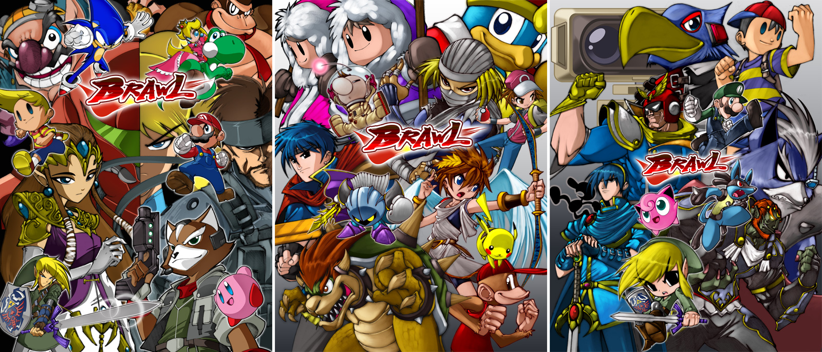bleedman, bowser, captain falcon, captain olimar, diddy kong, donkey kong, falco lombardi, fox mccloud, ganondorf, ice climbers, ike, jigglypuff, king dedede, kirby, link, luca, lucario, luigi, mario, marth, meta knight, mr. game & watch, nana (ice climber), olimar, pikachu, popo (ice climber), princess peach, princess zelda, r.o.b, samus aran, sheik, solid snake, sonic the hedgehog, toon link, wario, wolf o'donnell, yoshi, f-zero, fire emblem, game & watch, ice climber, kid icarus, kirby (series), mario (series), metal gear, metal gear (series), metal gear solid, metroid, mother (series), mother 2, mother 3, nintendo, pikmin (series), pokemon, sonic (series), star fox, super mario bros. 1, super smash bros., the legend of zelda, warioware, creatures (company), game freak, lucas, ness, pit, striped, highres, everyone, gen 1 pokemon, gen 4 pokemon, shirt, skin tight, striped shirt, zero suit