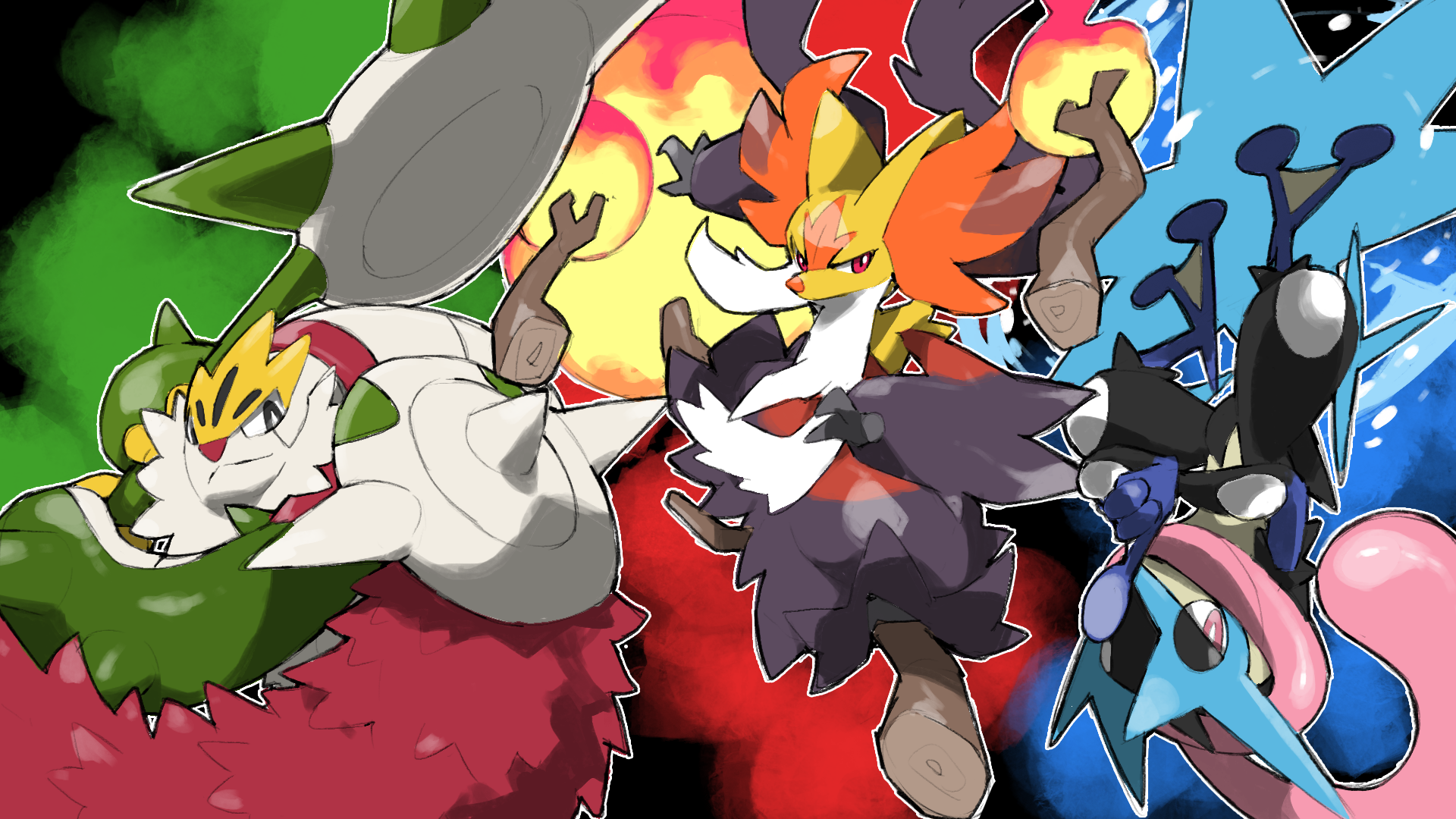 blacknirrow, chesnaught, delphox, greninja, mega chesnaught, mega delphox, mega greninja, nintendo, pokemon, commentary, english commentary, highres, animal ear fluff, bright pupils, closed mouth, fire, gen 6 pokemon, holding, holding weapon, mega pokemon, outline, pink eyes, pokemon (creature), pokemon focus, red eyes, starter pokemon trio, stick, water, weapon, white outline, white pupils