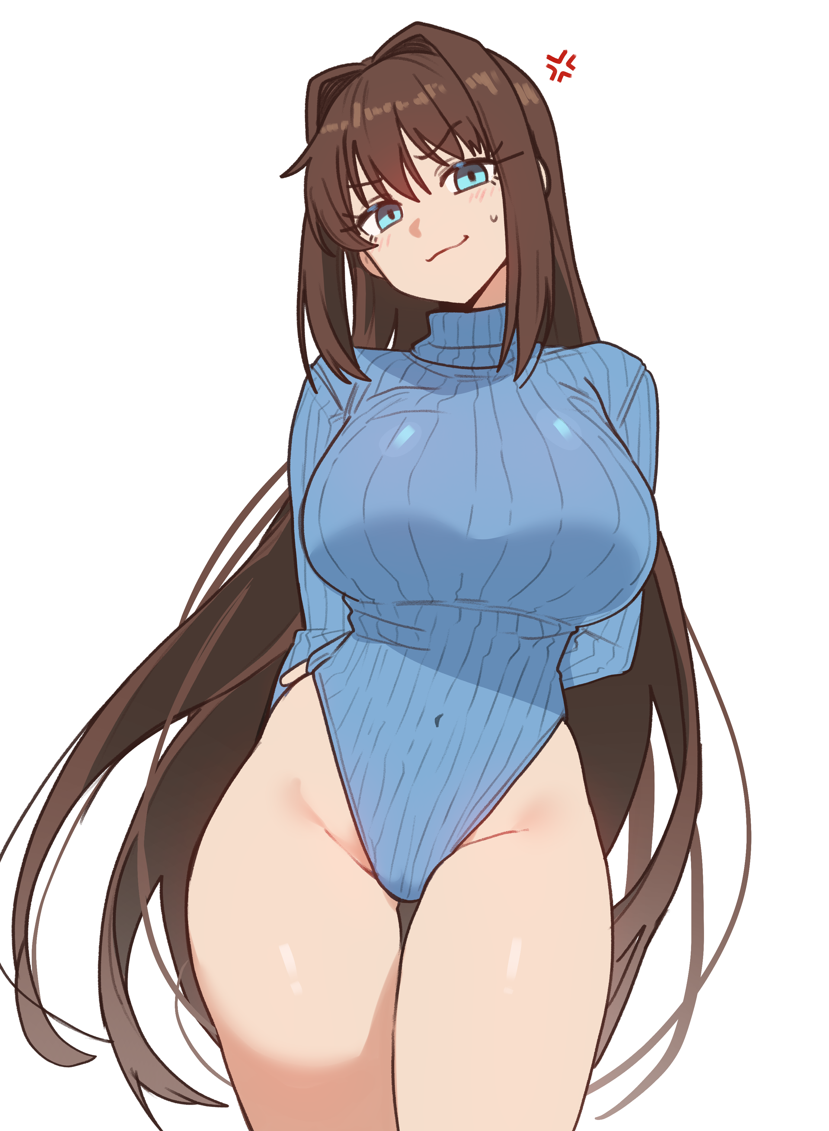 ebora, aozaki aoko, mahou tsukai no yoru, absurdres, highres, 1girl, anger vein, arms behind back, blue eyes, blue leotard, breasts, brown hair, false smile, hair intakes, heattech leotard, highleg, highleg leotard, large breasts, leotard, long hair, looking at viewer, ribbed leotard, ribbed sweater, sleeved leotard, smile, solo, sweater, turtleneck, very long hair, white background