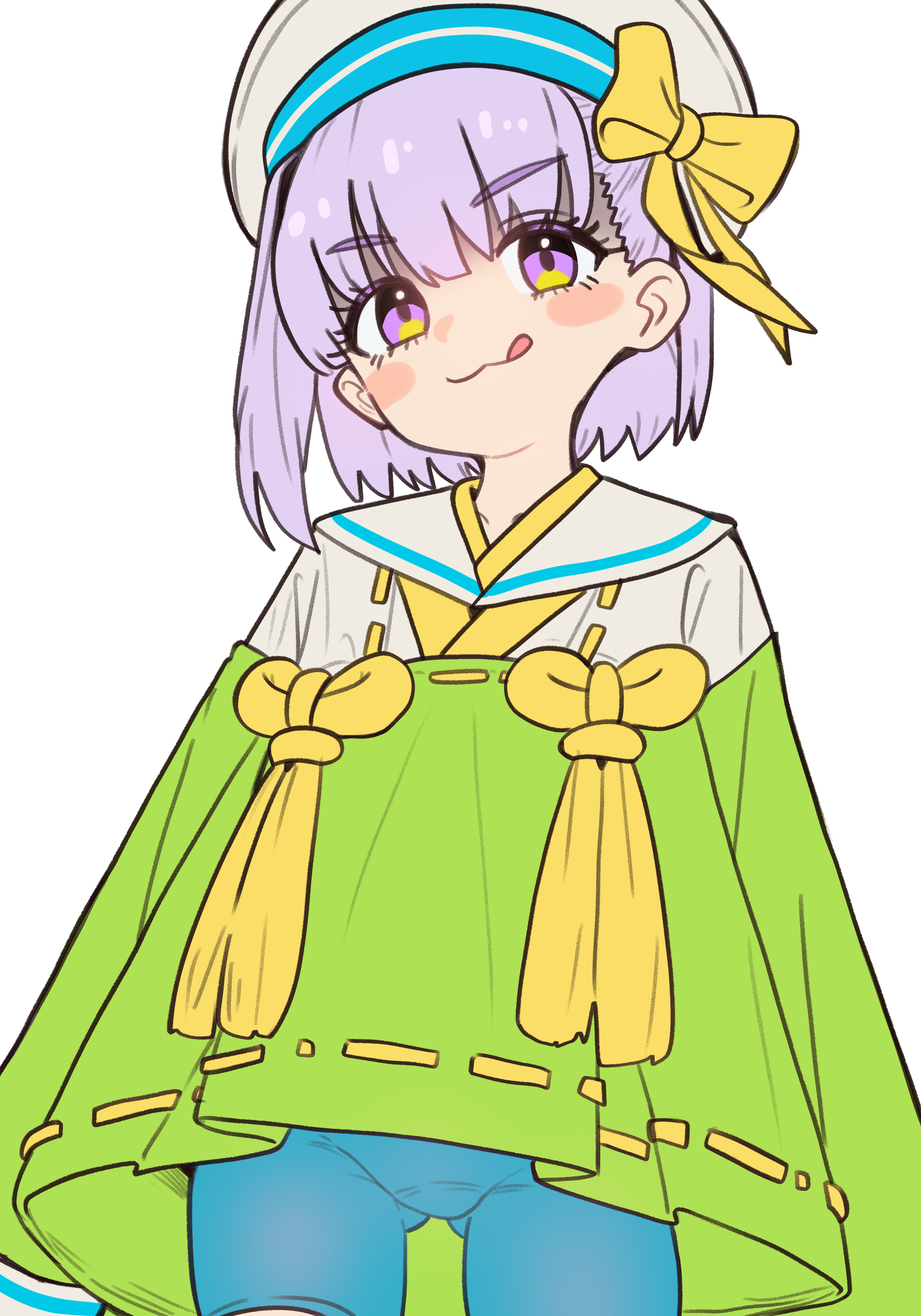 ebora, kazuradrop (fate), kazuradrop (first ascension) (fate), fate/grand order, fate (series), absurdres, highres, 1girl, blue shorts, blush, bow, breasts, green kimono, hair bow, hat, japanese clothes, kimono, licking lips, long sleeves, looking at viewer, purple eyes, purple hair, sailor collar, short hair, short kimono, shorts, small breasts, smile, solo, tassel, tongue, tongue out, white hat, white sailor collar, wide sleeves, yellow bow