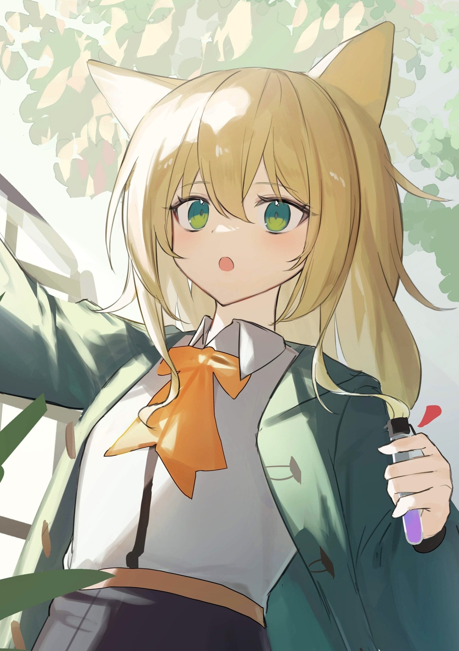 2naom8q6gt87292, podenco (arknights), arknights, commentary, highres, 1girl, :o, animal ears, ascot, blonde hair, collared shirt, green eyes, green jacket, hair between eyes, holding, holding vial, jacket, light blush, long sleeves, looking ahead, medium hair, open clothes, open jacket, open mouth, orange ascot, shirt, solo, toggles, upper body, vial, white shirt