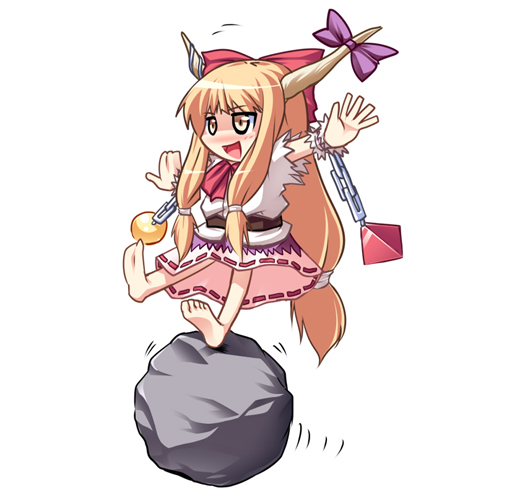 date hajime, ibuki suika, touhou, 1girl, chain, chibi, female focus, full body, horns, long hair, low-tied long hair, ribbon, simple background, solo, very long hair, white background
