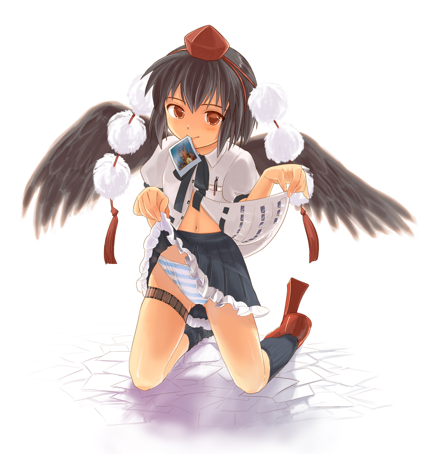 nu ma, numa (pixiv172411), shameimaru aya, touhou, bad id, bad pixiv id, highres, 1girl, black hair, black wings, bob cut, clothes lift, female focus, film, film strip, geta, hat, kneeling, looking at viewer, navel, panties, photo (object), red eyes, short hair, skirt, skirt lift, solo, striped clothes, striped panties, tengu-geta, underwear, upskirt, wings