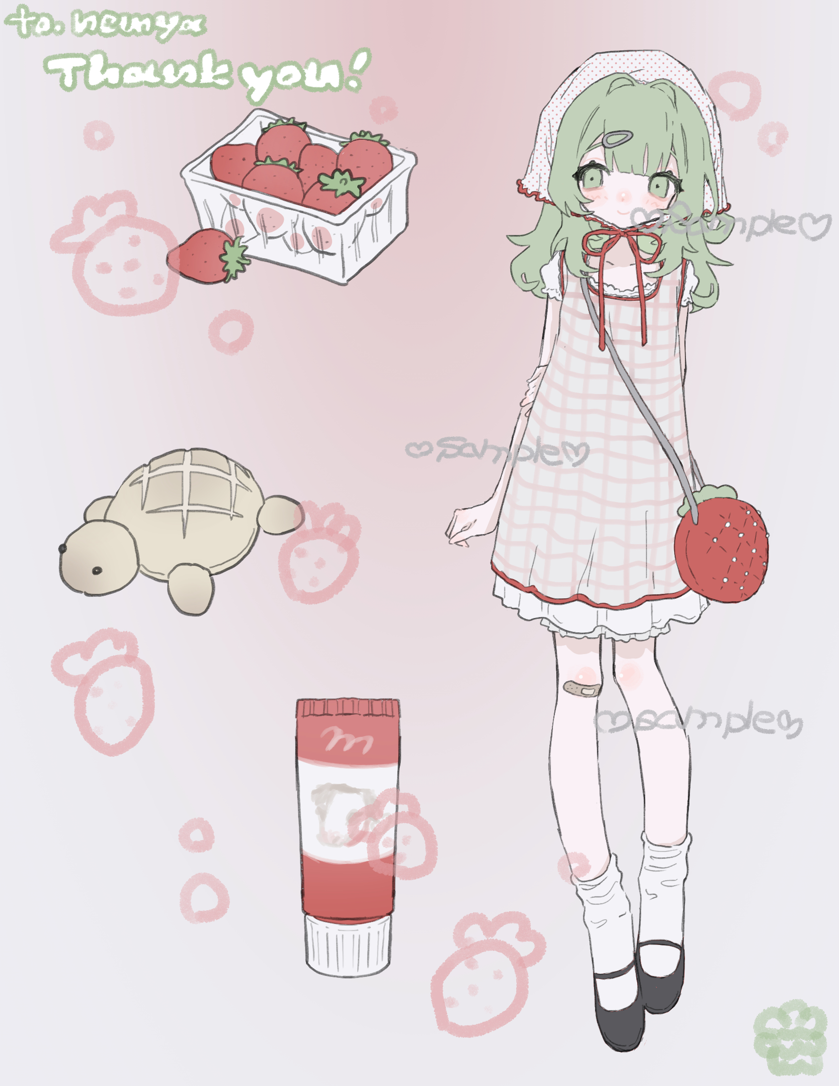 am314, original, commission, highres, skeb commission, 1girl, arm behind back, bag, bandaid, bandaid on knee, bandaid on leg, black shoes, bread, dress, food, fruit, green eyes, green hairband, hairband, handbag, long hair, mary janes, melon bread, plaid clothes, plaid dress, sample watermark, shoes, short dress, socks, solo, strawberry, strawberry bag, watermark, white socks