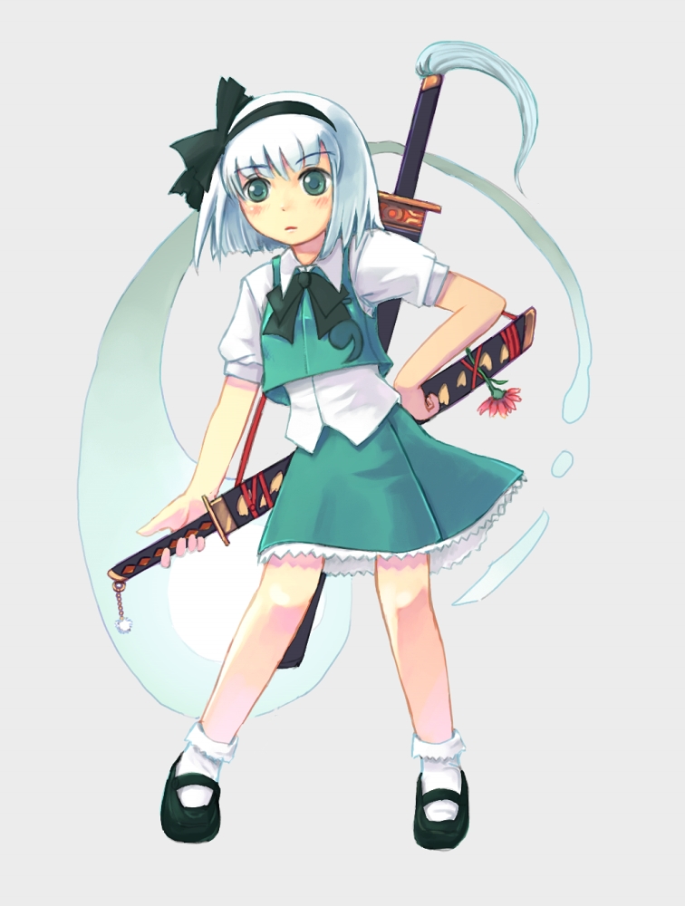 nanatsuki, konpaku youmu, konpaku youmu (ghost), touhou, bad id, bad pixiv id, 1girl, female focus, ghost, hairband, hitodama, katana, mei mugetsu, ribbon, sheath, sheathed, short hair, solo, sword, weapon, white hair