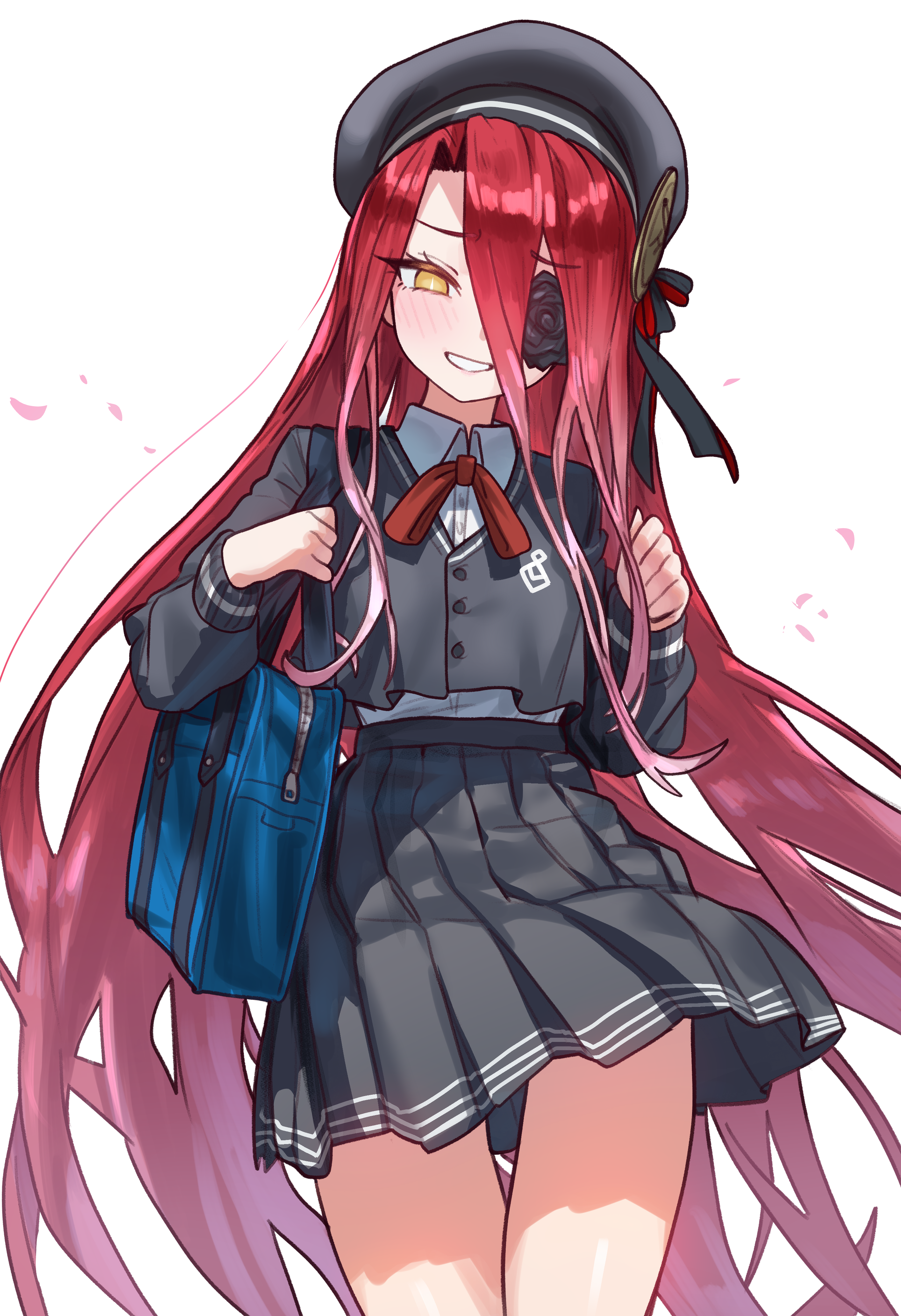 ebora, typhon ephemeros (fate), fate/grand order, fate (series), absurdres, bad link, highres, 1girl, bag, beret, black flower, black hat, black rose, black skirt, black vest, breasts, collared shirt, flower, flower over eye, grin, hair between eyes, hat, long hair, long hair between eyes, looking at viewer, red hair, rose, school bag, school uniform, shirt, simple background, skirt, small breasts, smile, solo, thighs, very long hair, vest, white shirt, yellow eyes