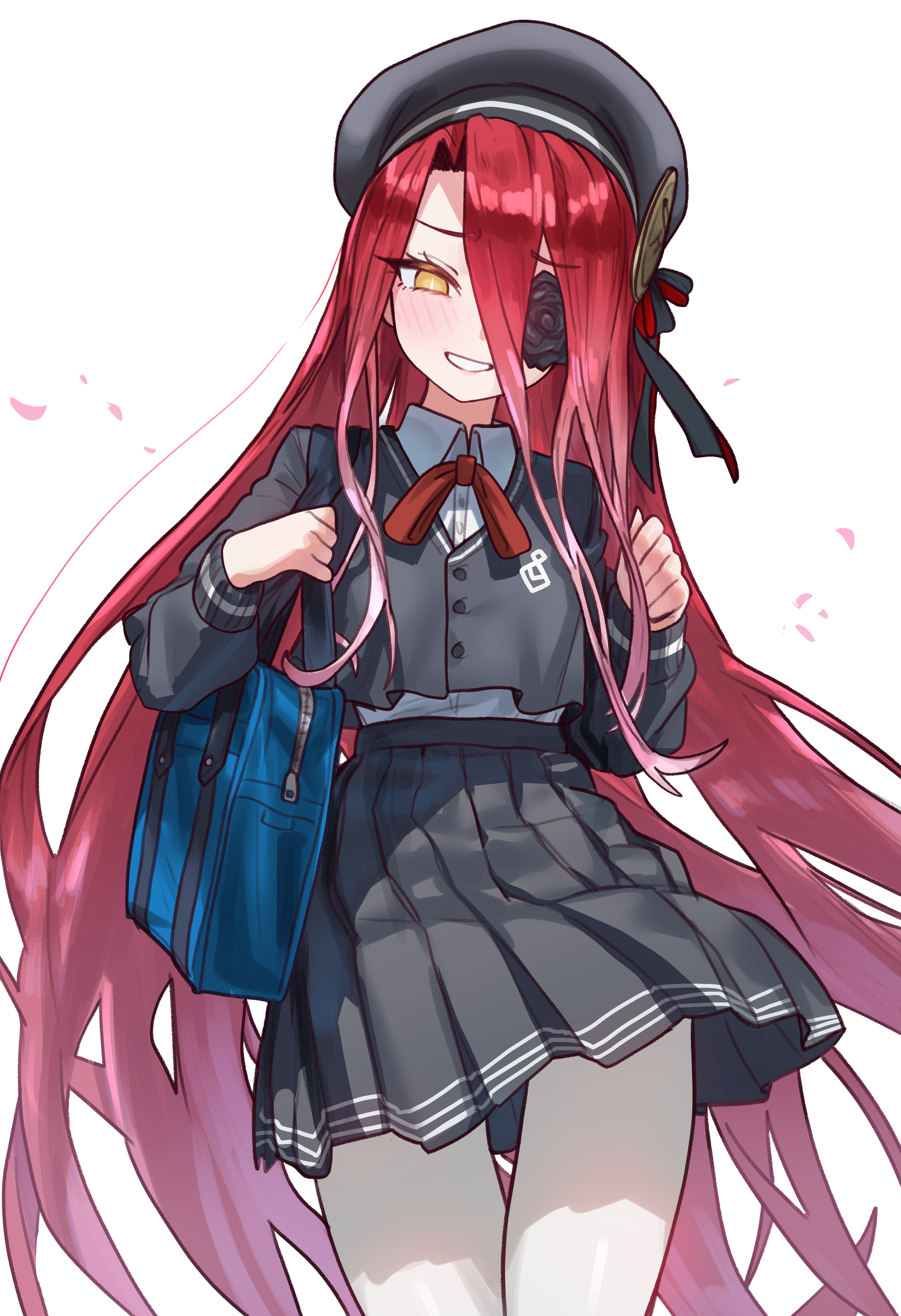ebora, typhon ephemeros (fate), fate/grand order, fate (series), absurdres, bad link, highres, 1girl, bag, beret, black flower, black hat, black rose, black skirt, black vest, breasts, collared shirt, flower, flower over eye, grin, hair between eyes, hat, long hair, long hair between eyes, looking at viewer, pantyhose, red hair, rose, school bag, school uniform, shirt, simple background, skirt, small breasts, smile, solo, thighs, very long hair, vest, white pantyhose, white shirt, yellow eyes