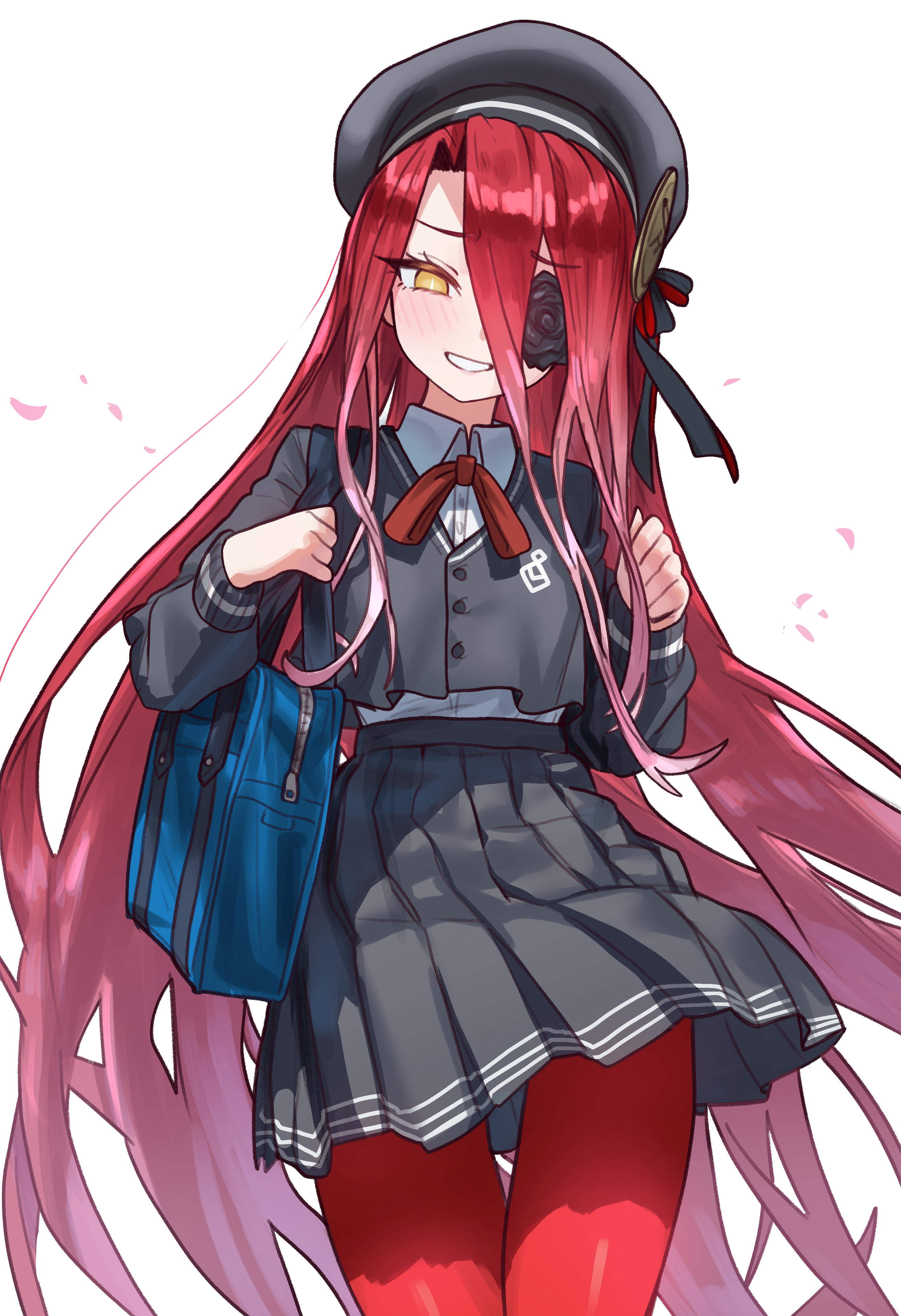 ebora, typhon ephemeros (fate), fate/grand order, fate (series), absurdres, bad link, highres, 1girl, bag, beret, black flower, black hat, black rose, black skirt, black vest, breasts, collared shirt, flower, flower over eye, grin, hair between eyes, hat, long hair, long hair between eyes, looking at viewer, pantyhose, red hair, red pantyhose, rose, school bag, school uniform, shirt, simple background, skirt, small breasts, smile, solo, thighs, very long hair, vest, white shirt, yellow eyes