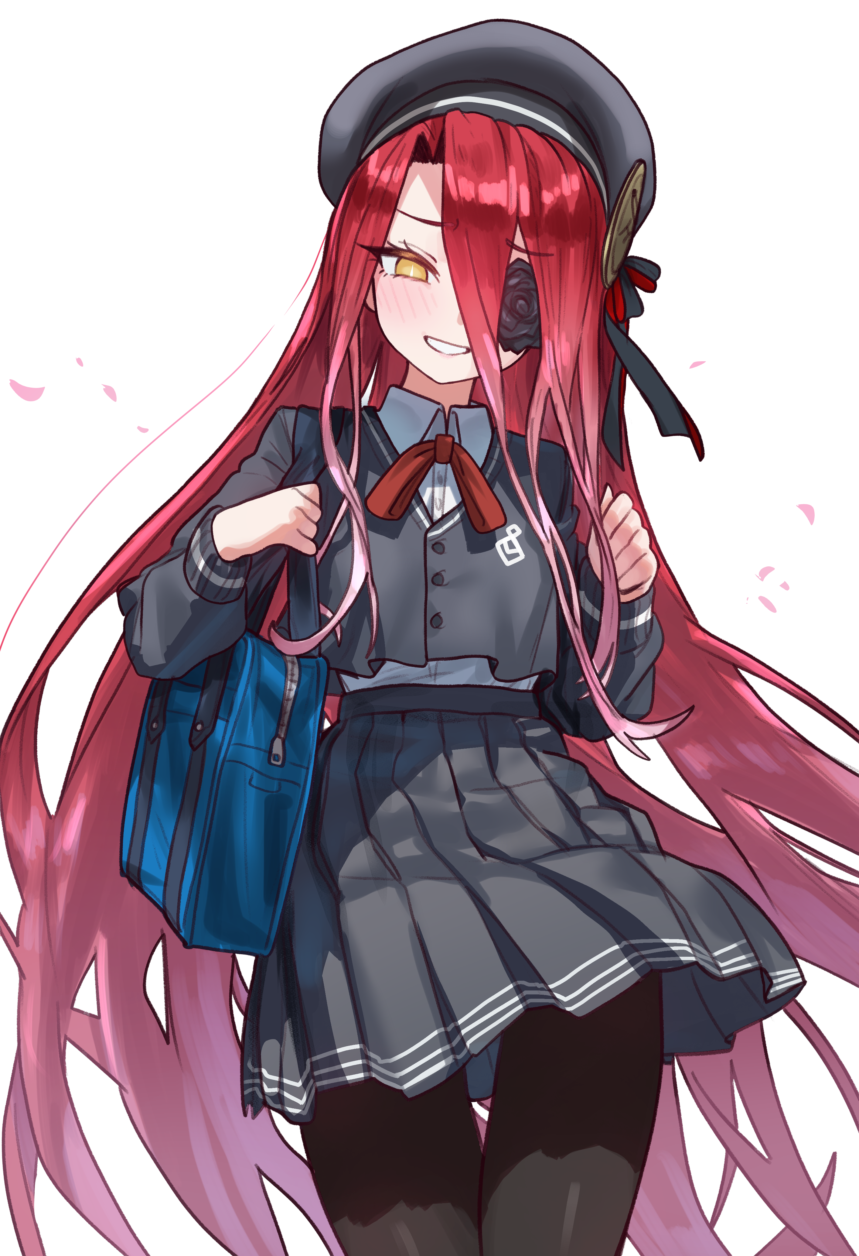 ebora, typhon ephemeros (fate), fate/grand order, fate (series), absurdres, bad link, highres, 1girl, bag, beret, black flower, black hat, black pantyhose, black rose, black skirt, black vest, breasts, collared shirt, flower, flower over eye, grin, hair between eyes, hat, long hair, long hair between eyes, looking at viewer, pantyhose, red hair, rose, school bag, school uniform, shirt, simple background, skirt, small breasts, smile, solo, thighs, very long hair, vest, white shirt, yellow eyes