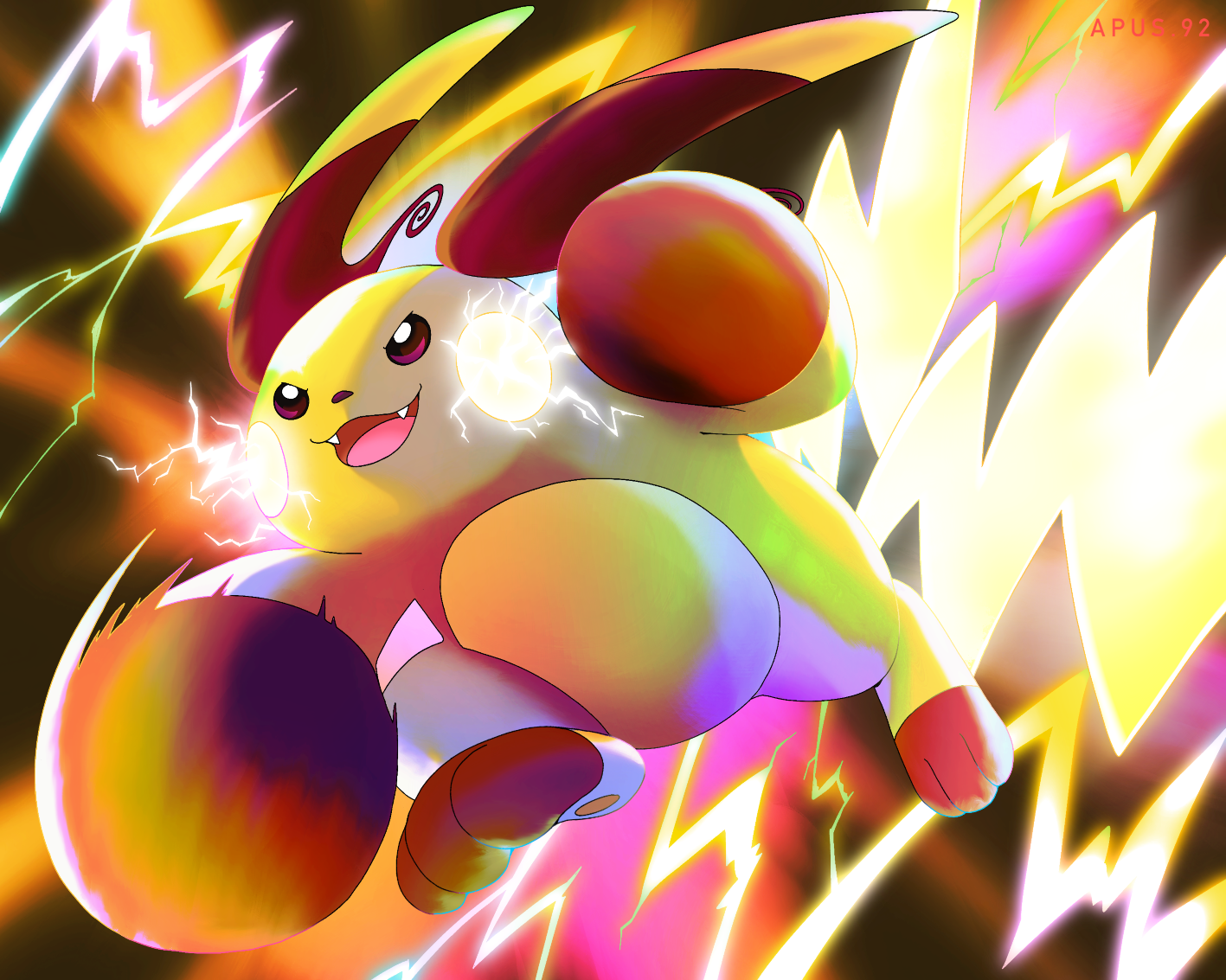 apus 92, mega raichu x, raichu, nintendo, pokemon, mixed-language commentary, :3, artist name, electricity, fangs, full body, gen 1 pokemon, motion blur, no humans, open mouth, pokemon (creature), pokemon focus, smile, solo